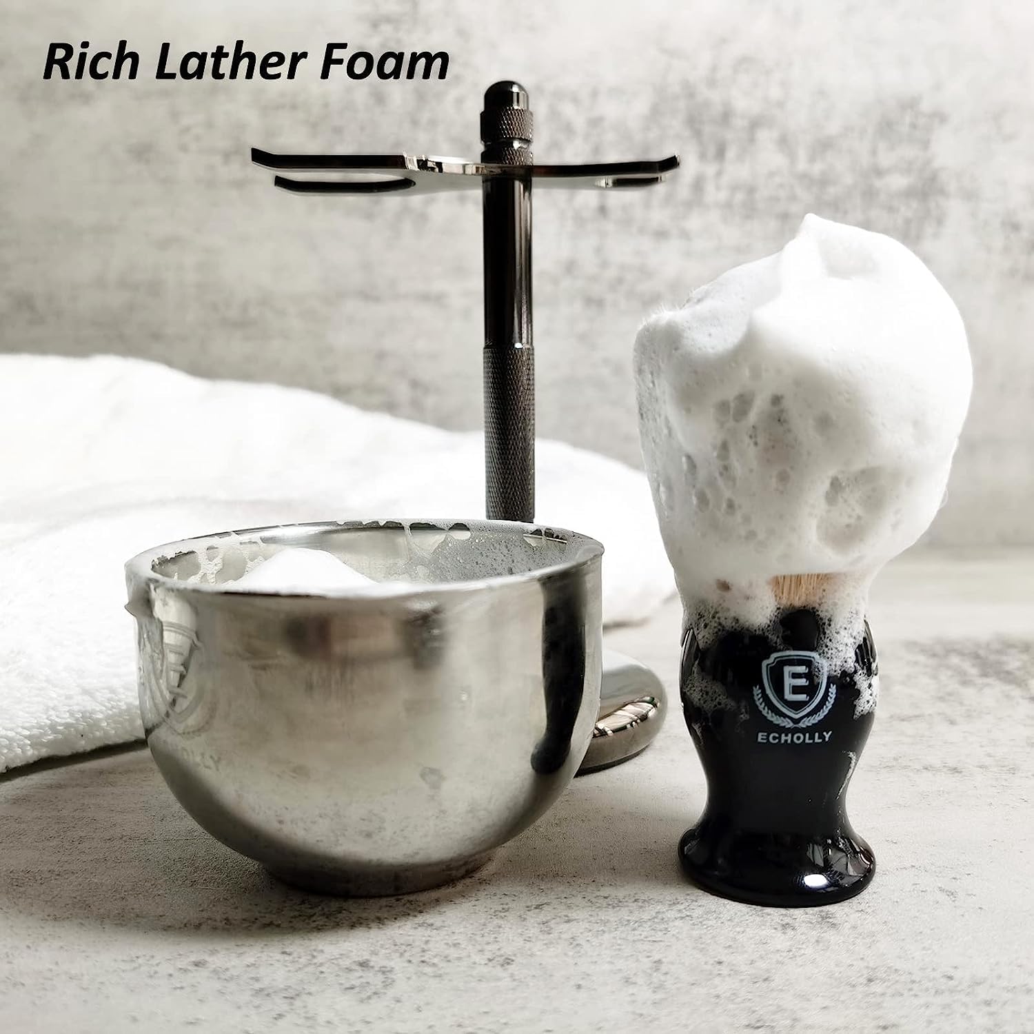 Set di pennelli da barba 4 in 1 di alta qualità, da uomo, include pennello da barba, sapone per crema da barba, ciotola in acciaio inox e supporto di sicurezza per rasatura da uomo, set regalo (nero)