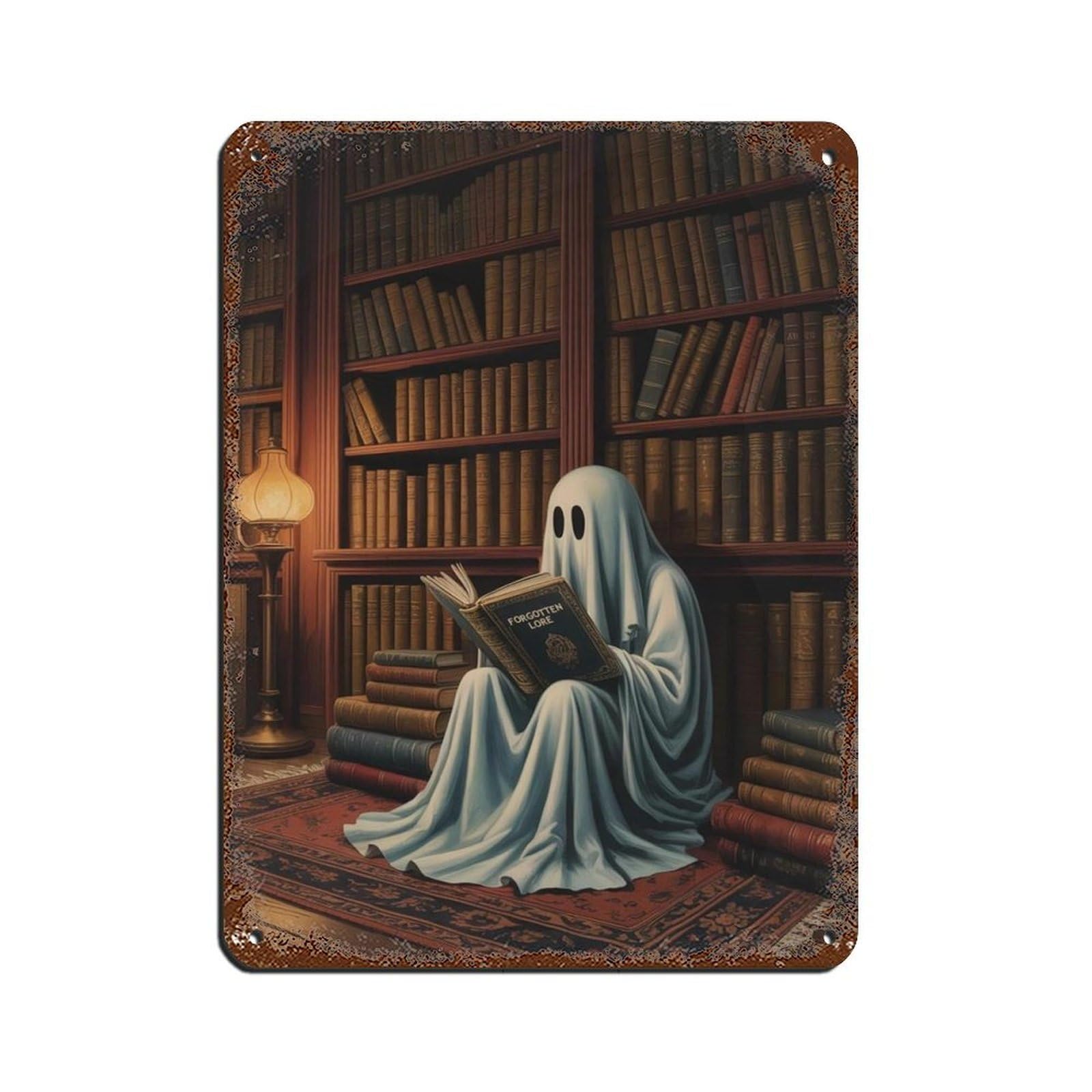 Ghost Reading Book in A Library Poster Retro Poster Metal Tin Sign Chic Art Retro Iron Painting Bar People Cave Cafe Family Garage Poster Wall Decoration 12x16inch(30x40cm)