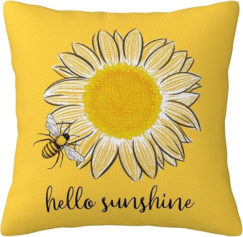 Hello Sunshine - Fundas de almohada decorativas de verano, diseño de abeja de girasol, granja, fundas de almohada cuadradas amarillas para patio,