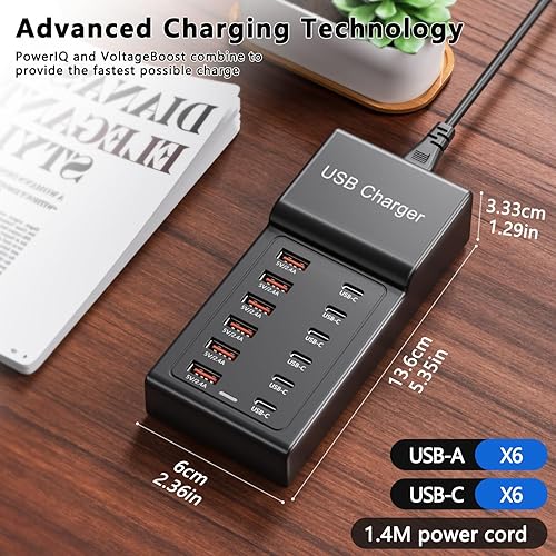 Miniatura 7 de Cargador multiUSB, estación de bloque de carga USB C, 50 W, 12 puertos, múltiples USB C, concentrador USB compatible con iPhone 16 Pro