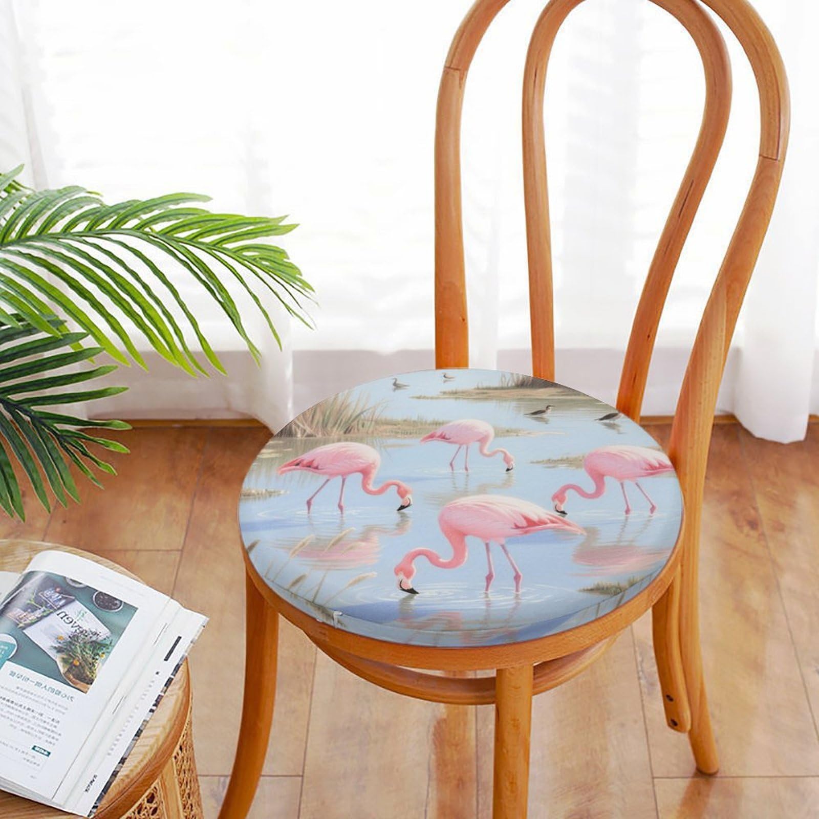Foraging Flamingos okrągła poduszka, z dodatkiem pianki z pamięcią kształtu, poduszka na krzesło, pokrowiec poliestrowy z zamkiem błyskawicznym, poduszka do siedzenia na łóżko, sofę, krzesło