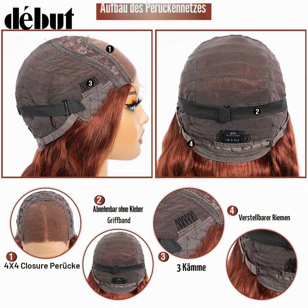 Rötlichbraune Body Wave Lace Front Perücke Echthaar 4×4 Lace Front Perücken für Frauen HD Lace Front Perücke Echthaar 180% Dichte Vorgezupft mit Babyhaar Kleberlose Perücken(35 cm, 33A)