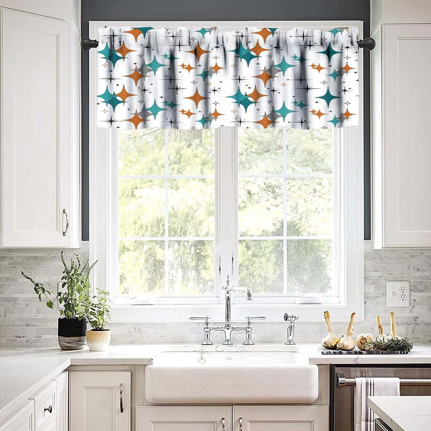 Mid Century Modern Valance Curtain Vintage Teal Orange Geometric Atomic Abstract Pattern 1950s 1960s Retro Style Window Treatment for Kitchen Living Room Bedroom Dining Room 54x18In