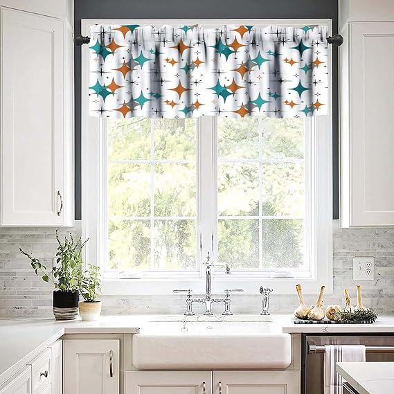 Mid Century Modern Valance Curtain Vintage Teal Orange Geometric Atomic Abstract Pattern 1950s 1960s Retro Style Window Treatment for Kitchen Living Room Bedroom Dining Room 54x18In