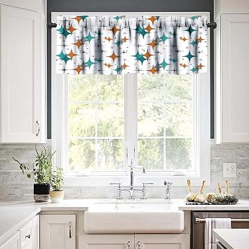 Mid Century Modern Valance Curtain Vintage Teal Orange Geometric Atomic Abstract Pattern 1950s 1960s Retro Style Window Treatment for Kitchen Living Room Bedroom Dining Room 54x18In