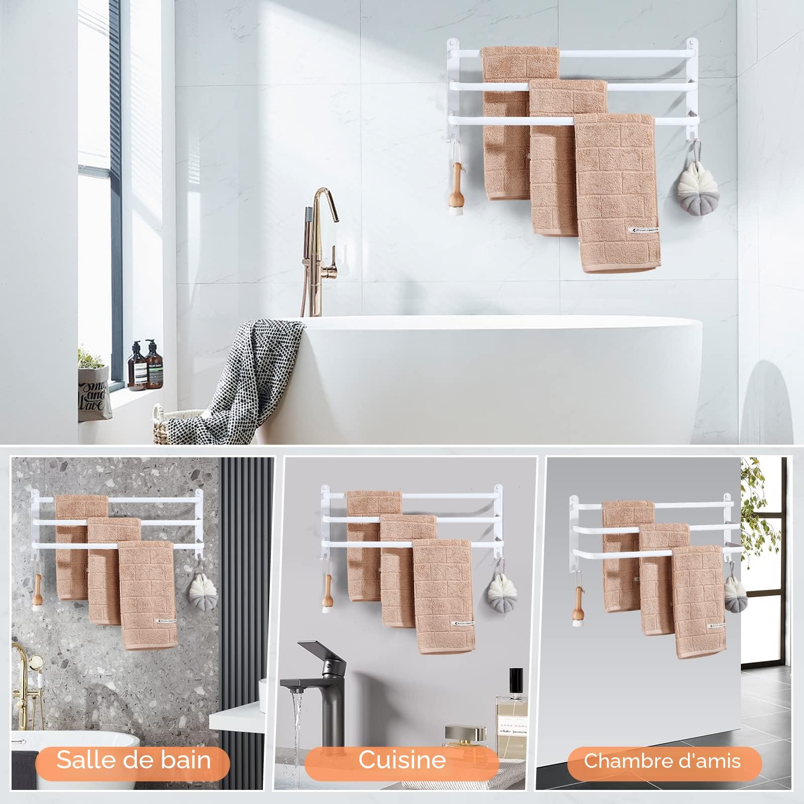 Porte-Serviettes Mural en Aluminium, 3 étages Porte Serviette Salle de Bain étagère Serviette avec Crochets, Étanche - pour Salle de Bain, Cuisine, Salle de Bain