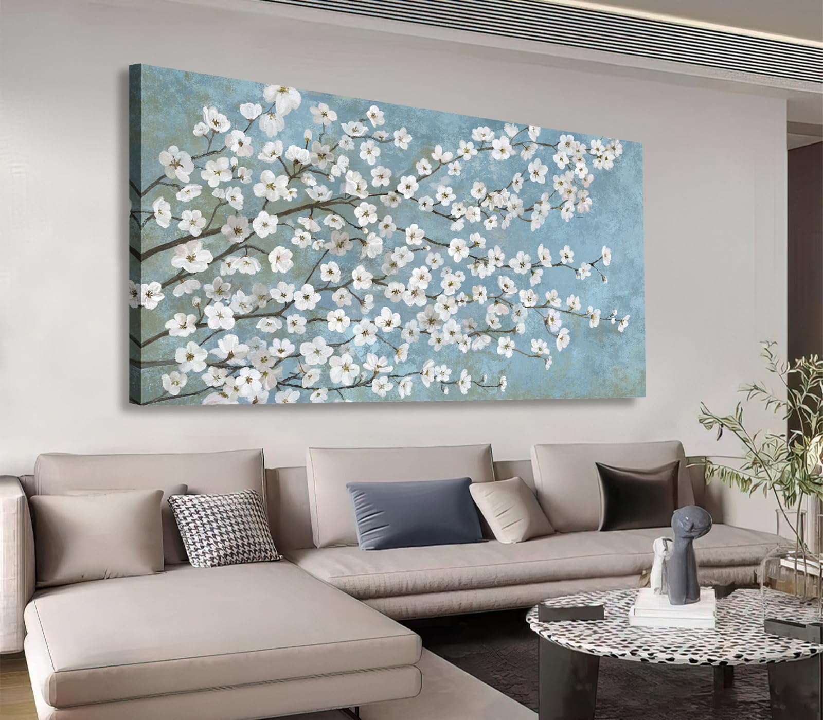 Photo 1 of Large White Flowers Wall Art, Rustic Blossom Branches Pictures, 24" X 48"