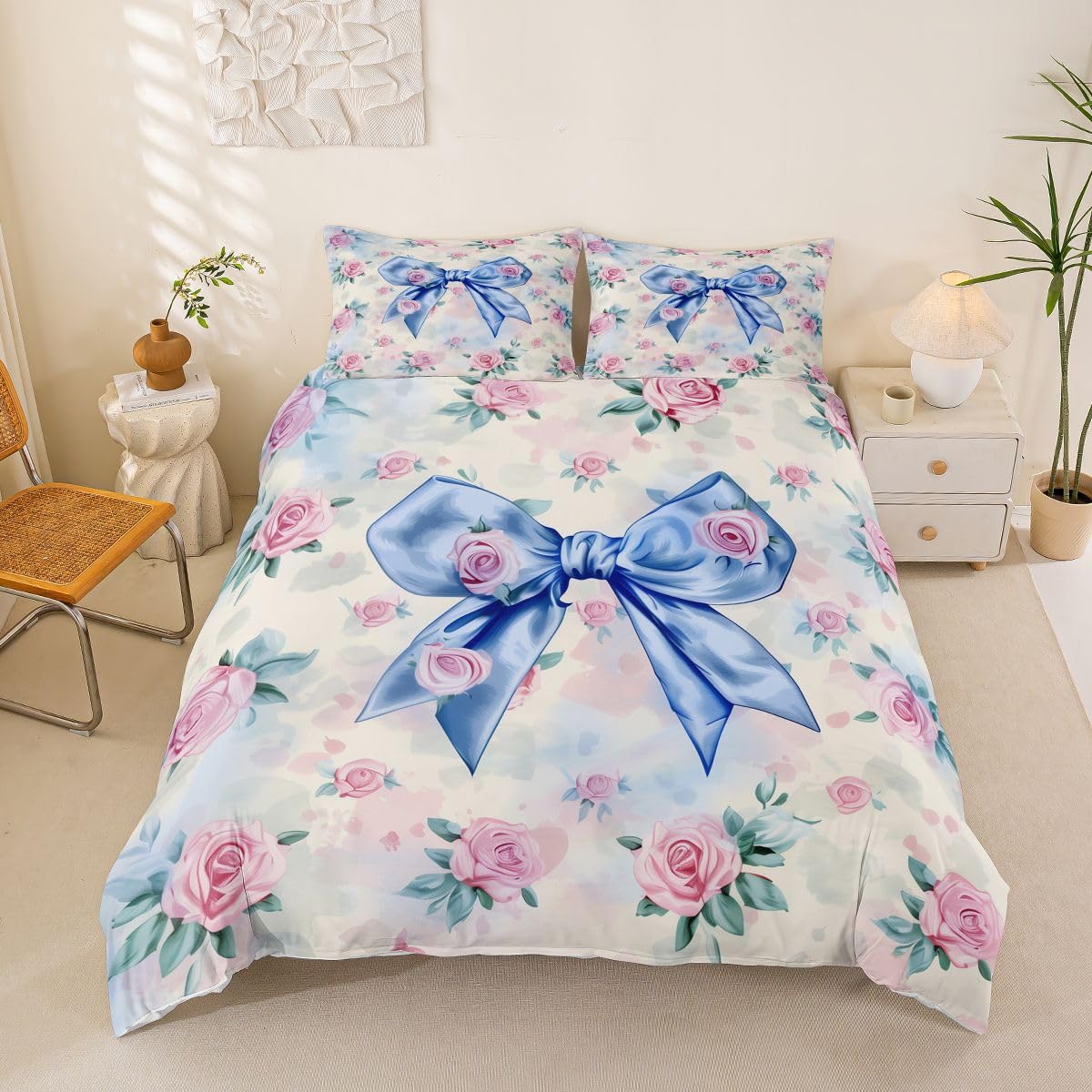 Homemissing Cute Ribbon Duvet Cover King Size Boys Girls Blue Flower Bedding Set Breathable Soft Dreamy Princess Style Comforter Cover 3Pcs Cute Ribbon Bedroom Decor