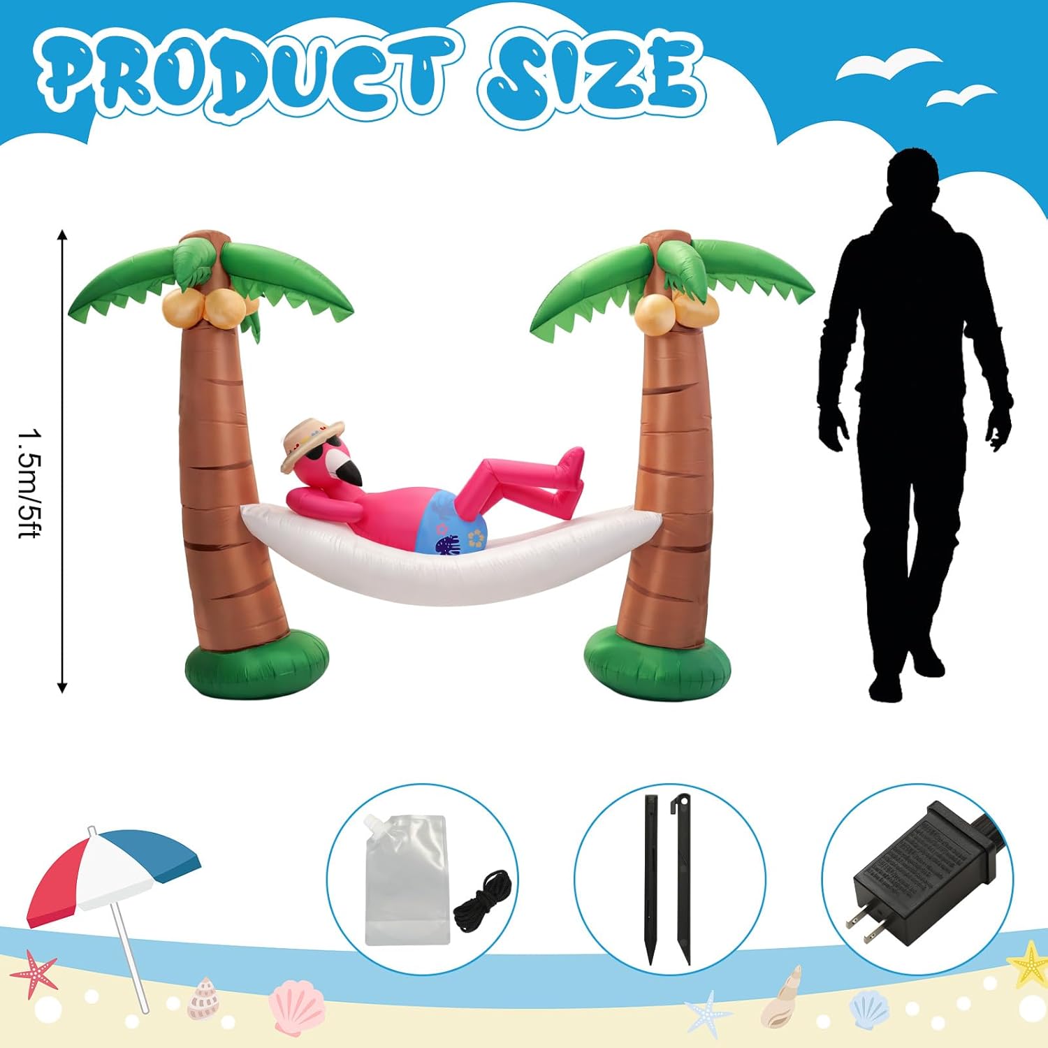 Summer Inflatable Outdoor Decor Flamingo in Hammock with Palm Trees 5 ft LED Lighted Inflatable Palm Trees Blow up Flamingo for Luau Hawaiian Tropical Jungle Party Pool Beach Yard Lawn Decoration