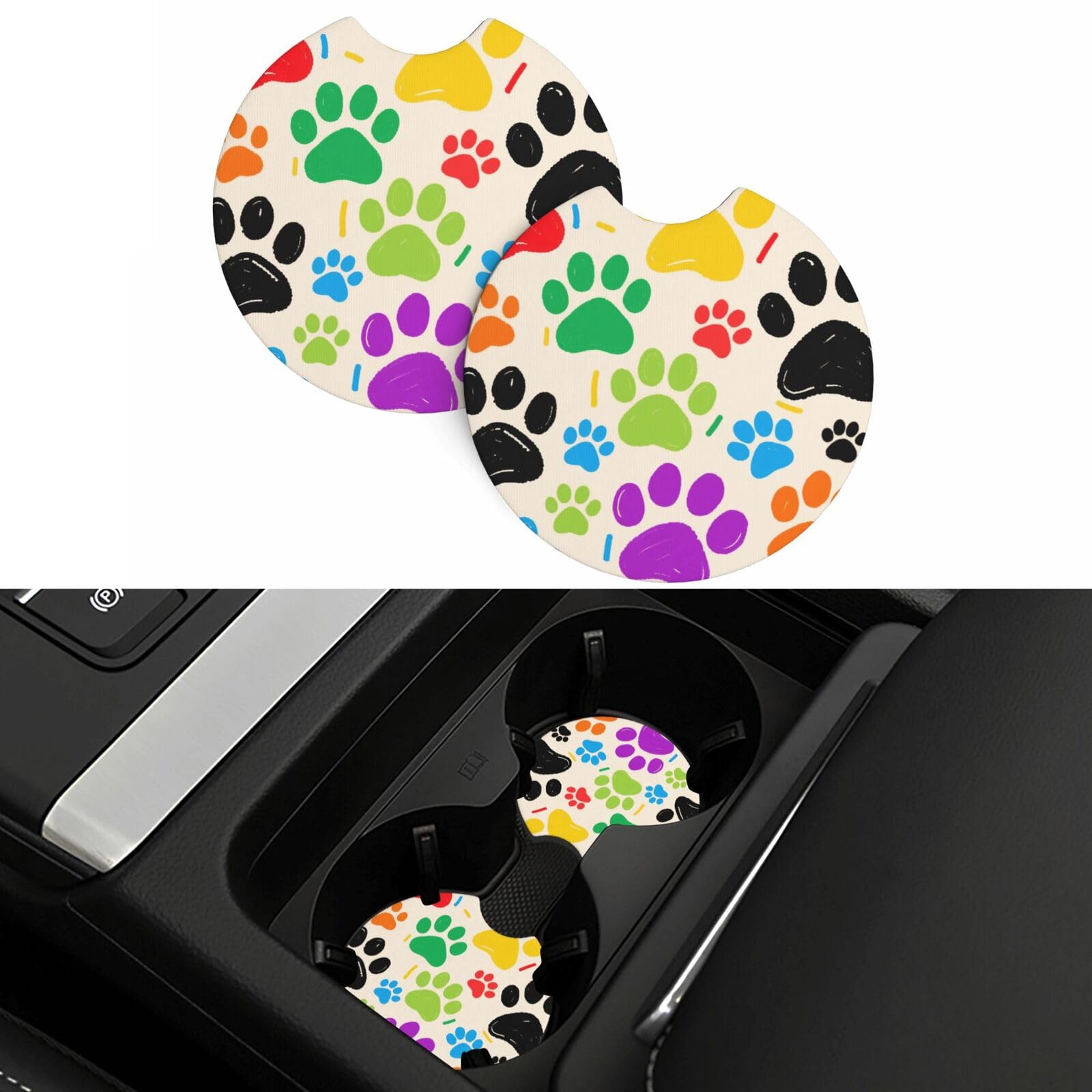 2 Pack Car Coasters,2.7" Universal Car Cup Holder Coasters Non-Slip Neoprene Cup Pad Mat Coaster Car Interior Accessories for Women Men Colorful Doodle Paw