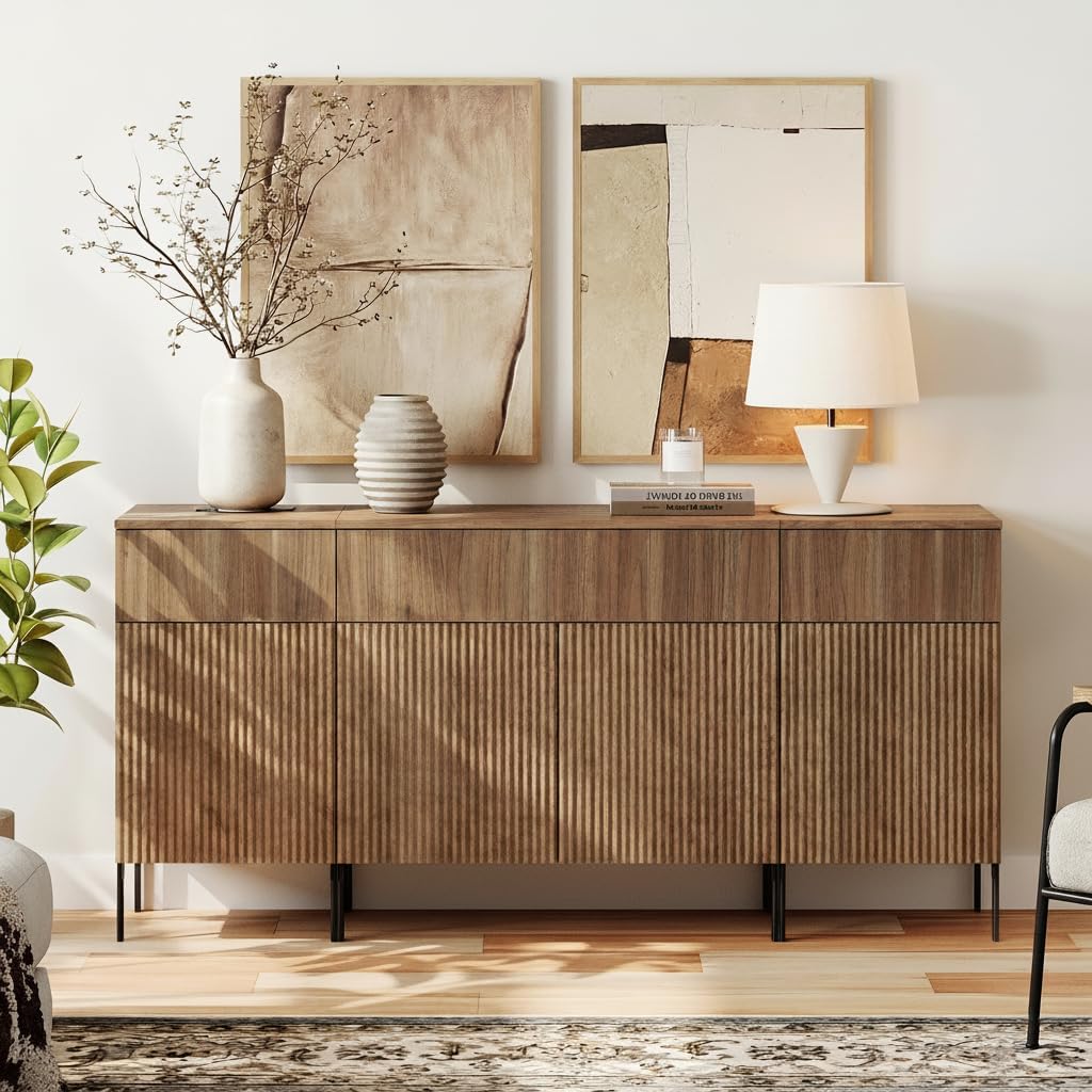 WAMPAT 3 in 1 Modern TV Stand for 70+ Inch TV, 63" W Fluted TV Entertainment Center with Storage Cabinets and 3 Drawers & 4 Doors, Wooden TV Console Table with Storage for Living Room, Walnut