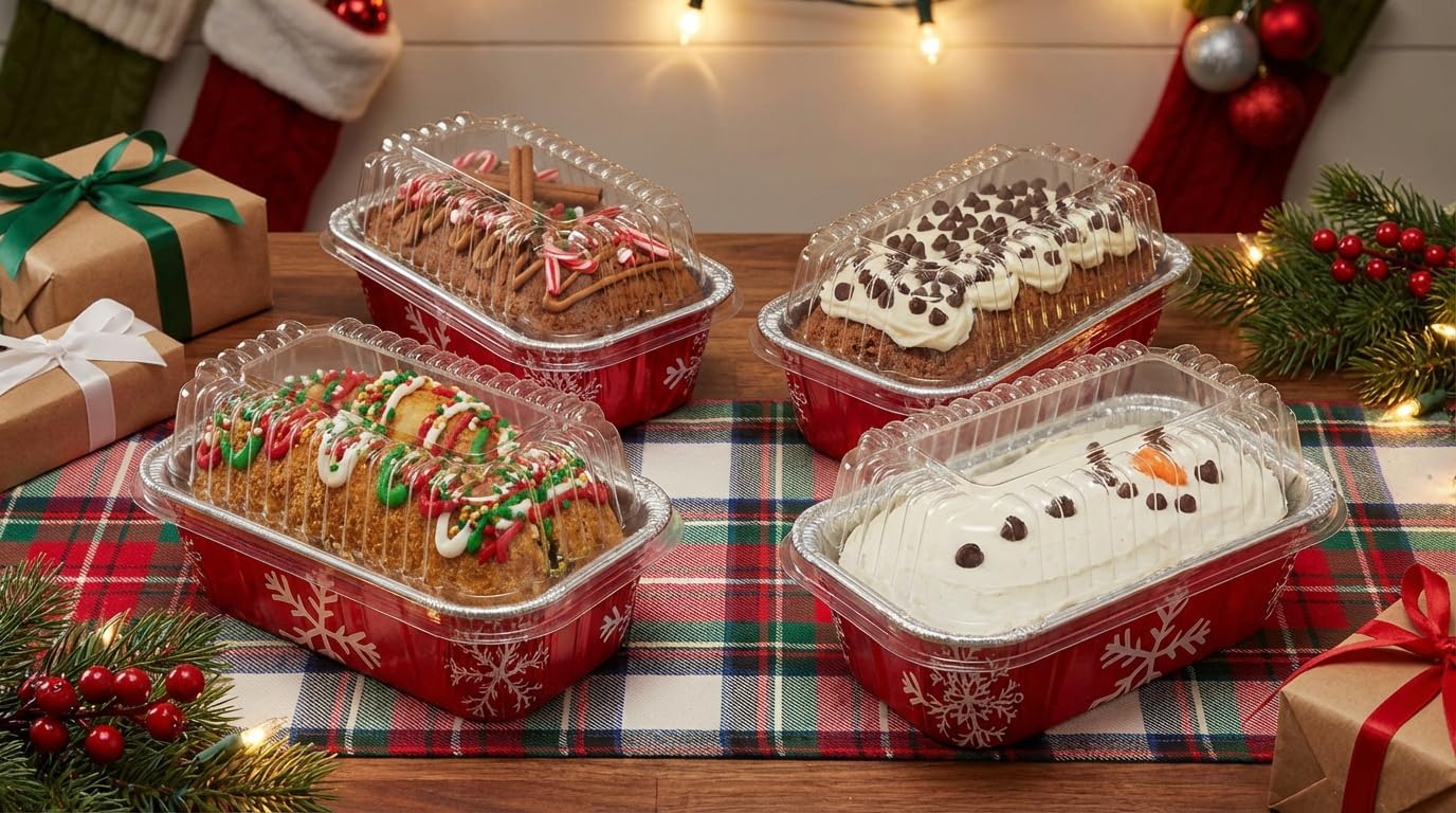 PACTOGO Disposable 1 lb. Red Holiday Christmas Snowman Aluminum Foil Small Mini Loaf/Bread Baking Pans with Clear Dome Lids (Pack of 200 Sets)