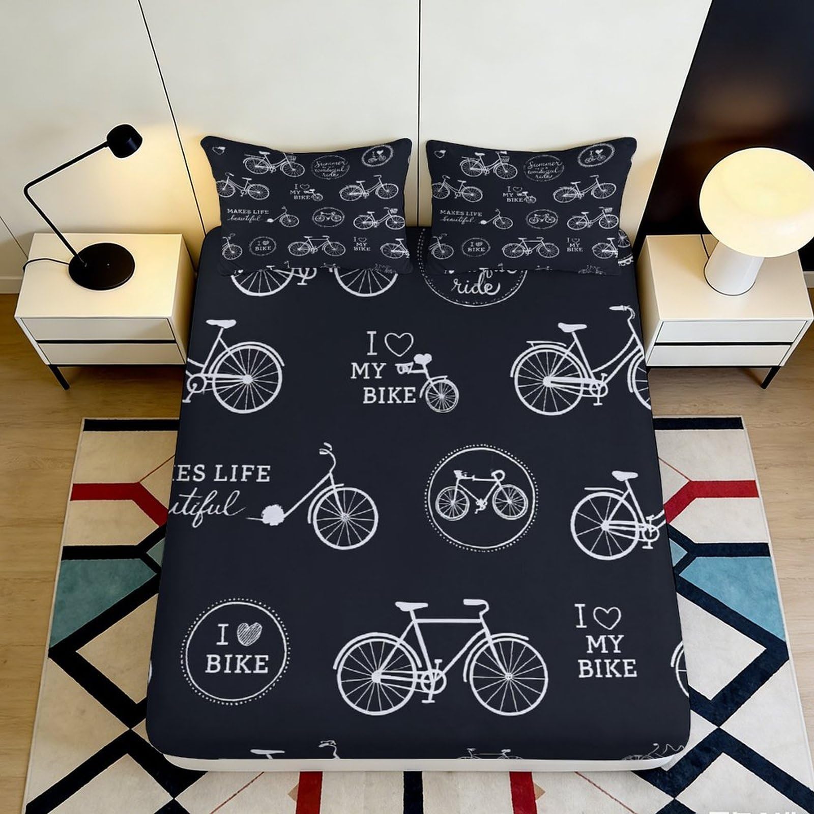 3D Printed Bicycle Pattern Fitted Sheet Microfiber Soft Black Bed Cover for Bedroom Dorm Mattress Protection Decor 90x200x25cm