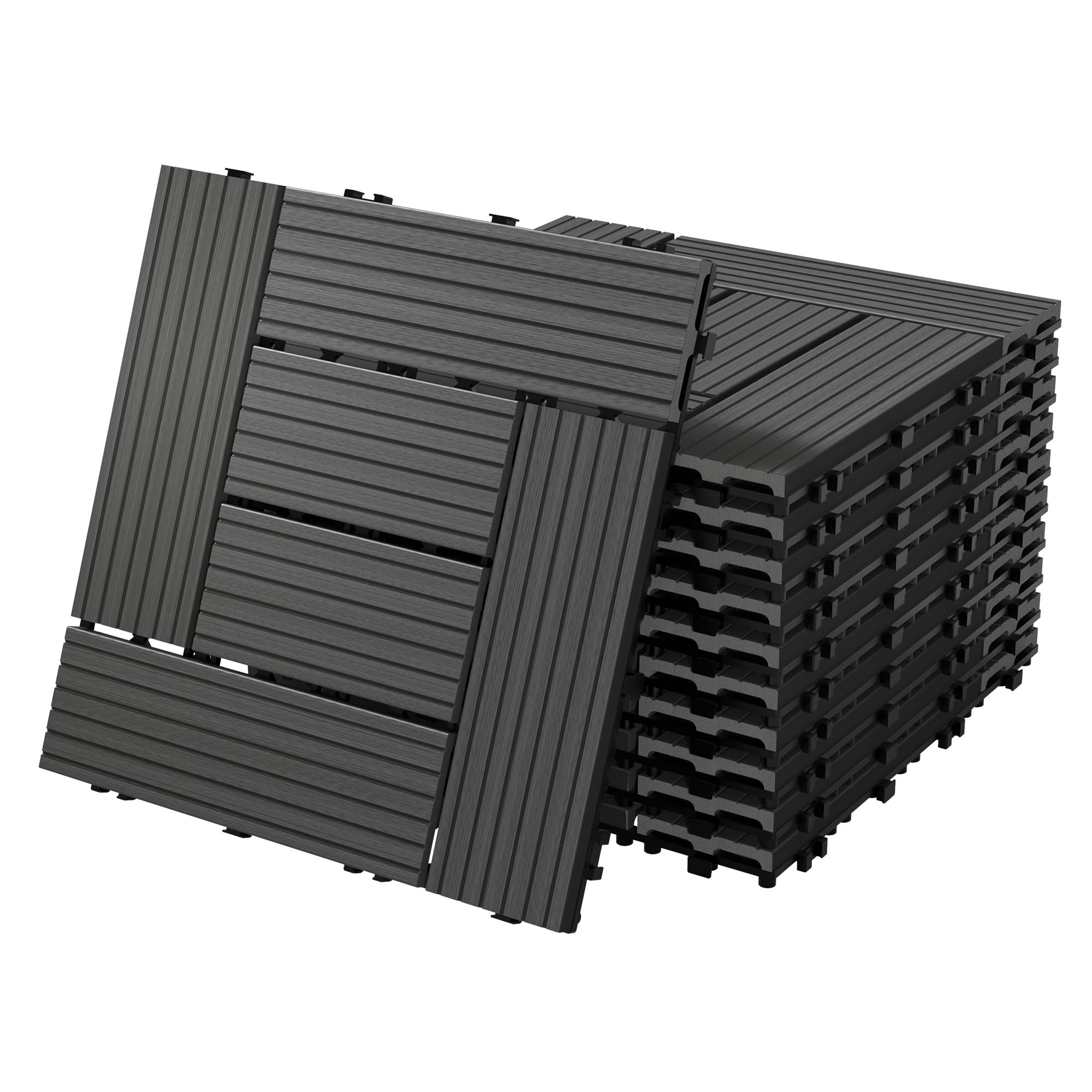 ECD Germany Dalles Terrasse Clipsables WPC 30x30 cm/11 pièces=1m² Anthracite Mosaïque Aspect Bois Carreaux avec Système à Clic et Drainage Revêtement de Sol Carrelage Lames Patio Jardin Extérieur