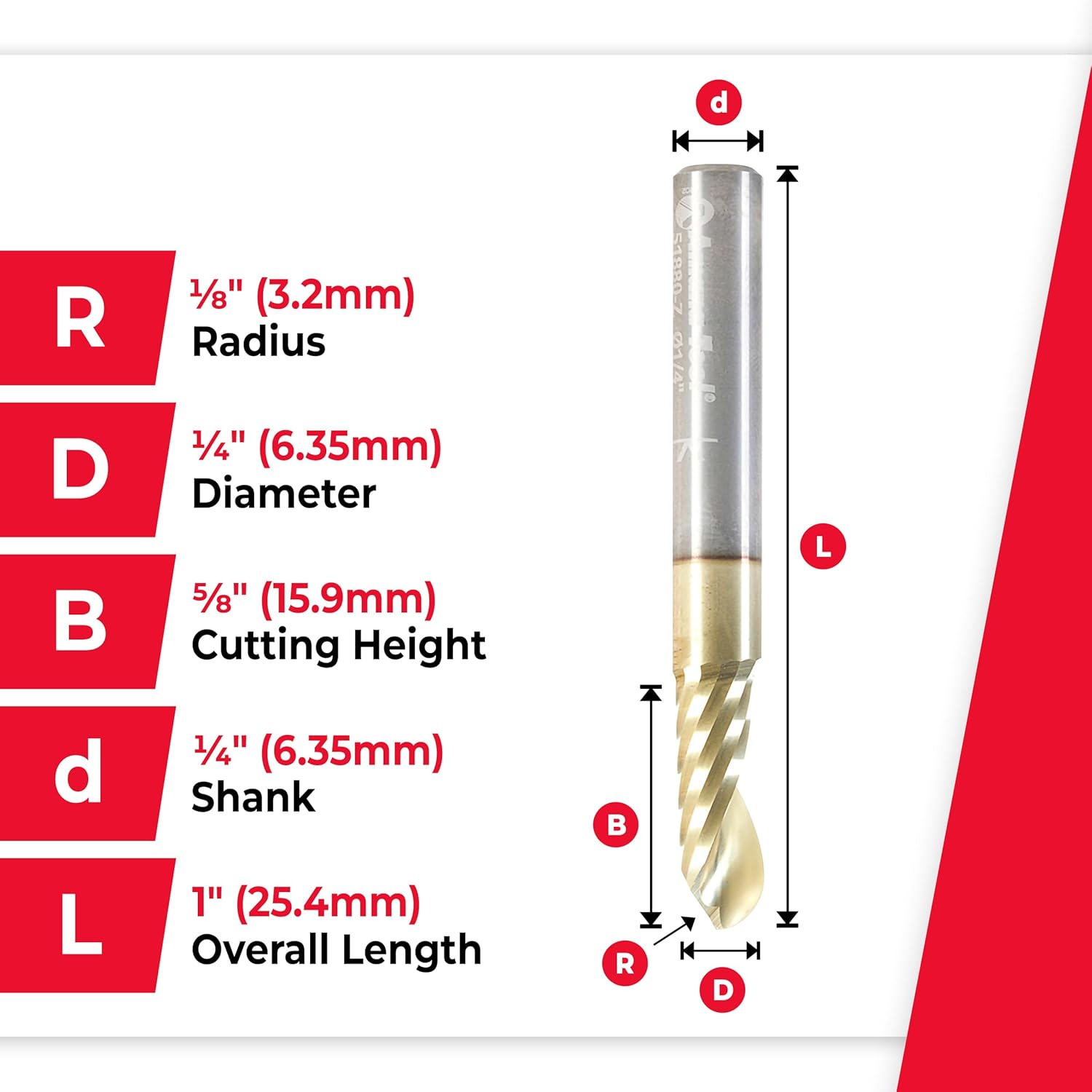 Amana Tool CNC Solid Carbide Spiral O Flute Ball Nose Up-Cut, Aluminum Cutting Router Bit, ZrN Coated, 51880-Z, 1/8 R x 1/4 D x 1/4 SHK x 2 Inch Long