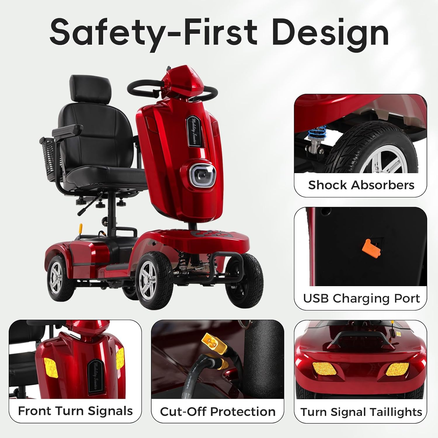Ecomobi MS02 PLUS scooter safety features including shock absorbers, USB port, turn signals, and cut-off protection