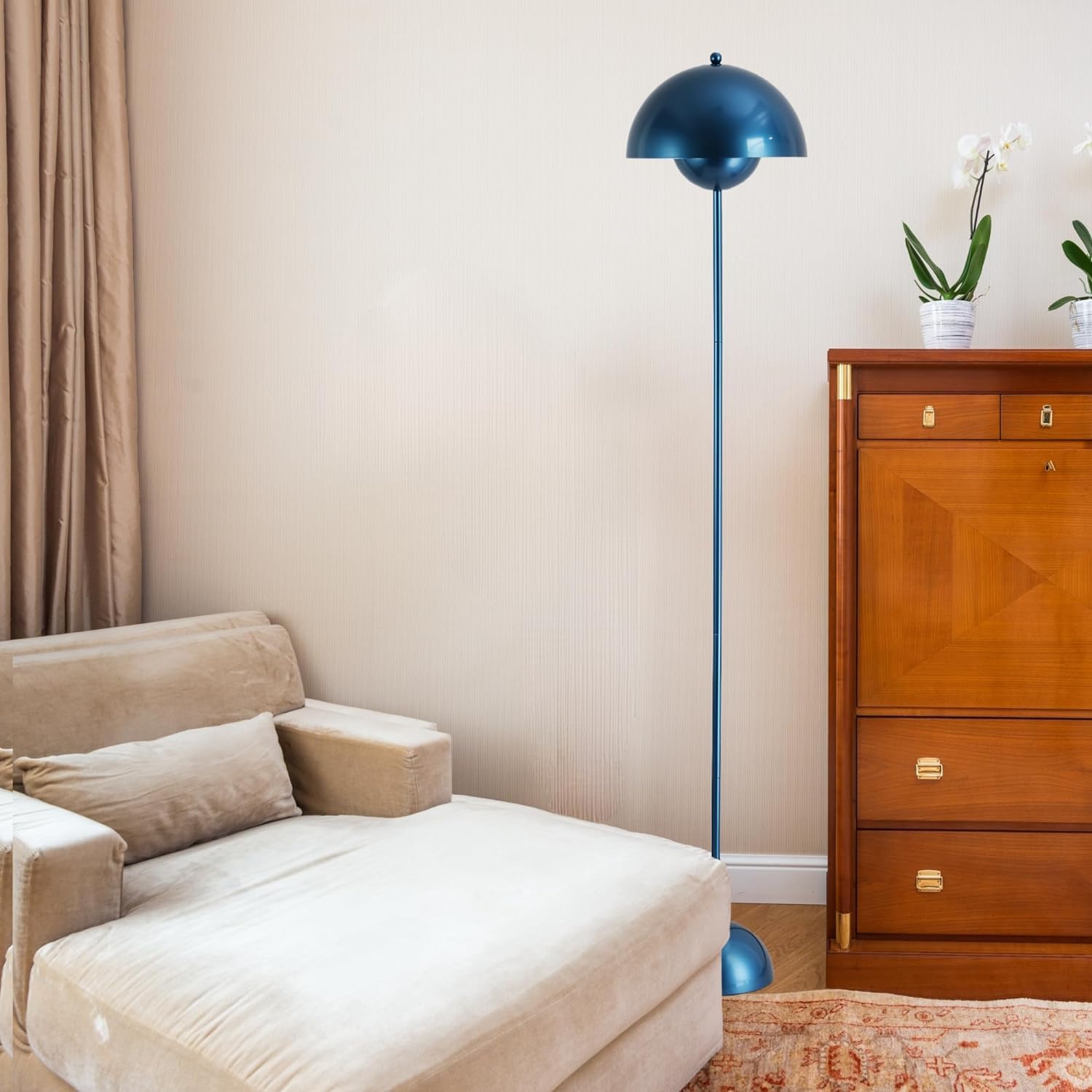 Alpinaluz Lampada da Terra in Metallo con Paralume Bombato – Design Retro Nordico – Luce Indiretta Verso il Basso – E27 – Interruttore a Pedale – Per Salotto e Interni (Blu Marino)