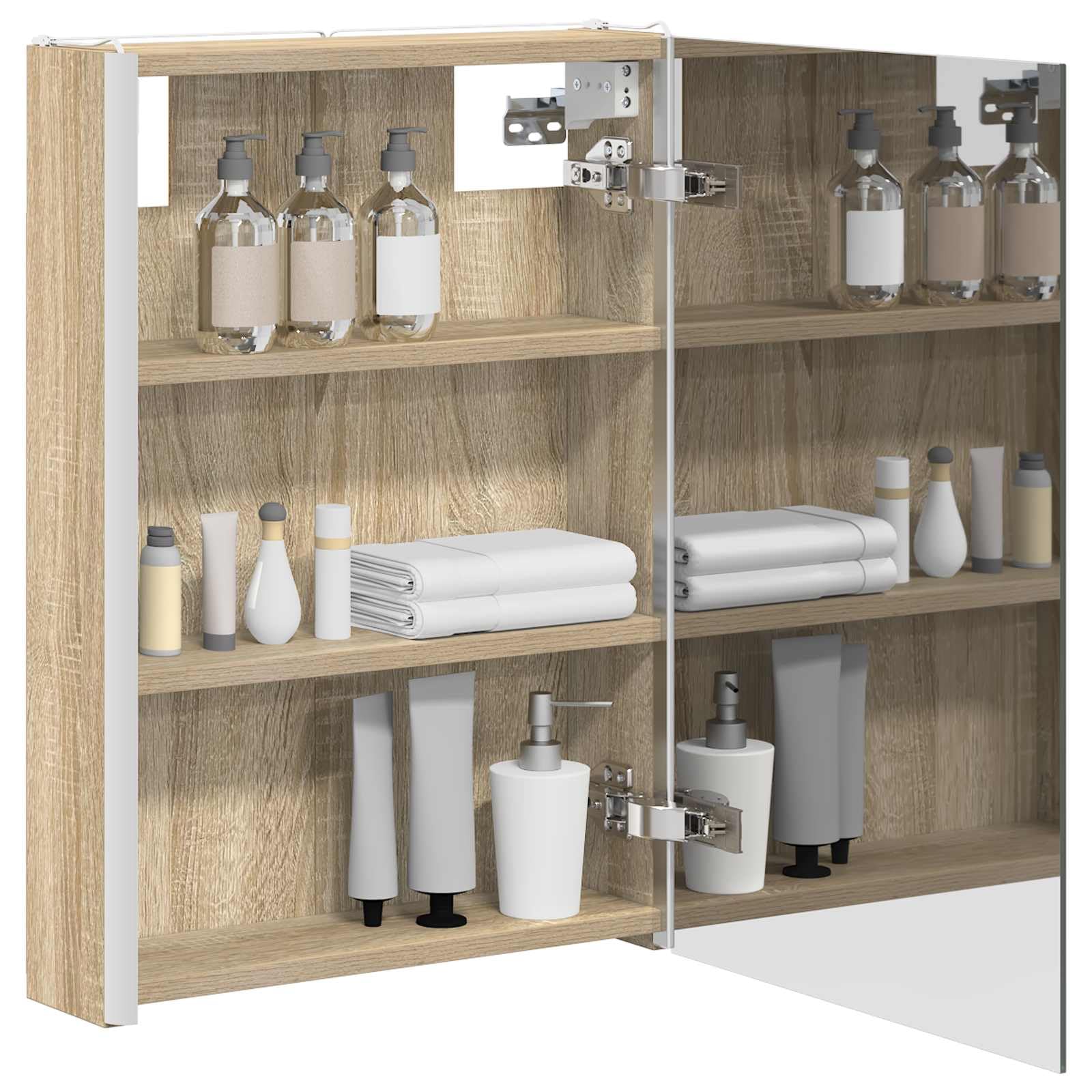 Szafka łazienkowa z lustrem Sonoma dąb z materiału drewnopochodnego 43 x 11,5 x 60,5 cm z oświetleniem LED, montaż na ścianie, regulowane regały, miejsce do przechowywania