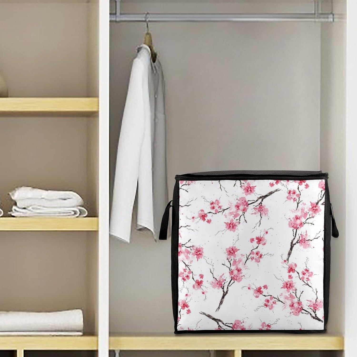 Cherry Blossom Storage Bag with Zippers And Handle Extra Large Bedding Comforter Storage Bag Foldable Blanket Storage Bags Fabric Moving Bags for Closet Organizer (70L)