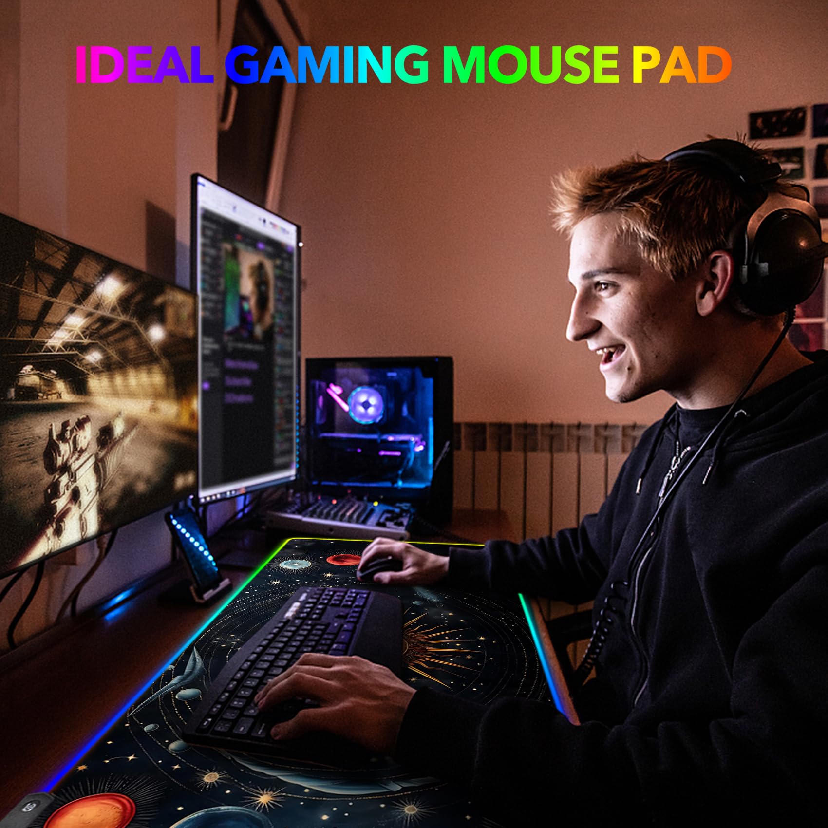 AIMSA Tappetino per Mouse Pad, per mouse da gioco a LED, con 14 modalità di illuminazione, base in gomma antiscivolo, per PC e laptop, motivo: sistema solare astratto