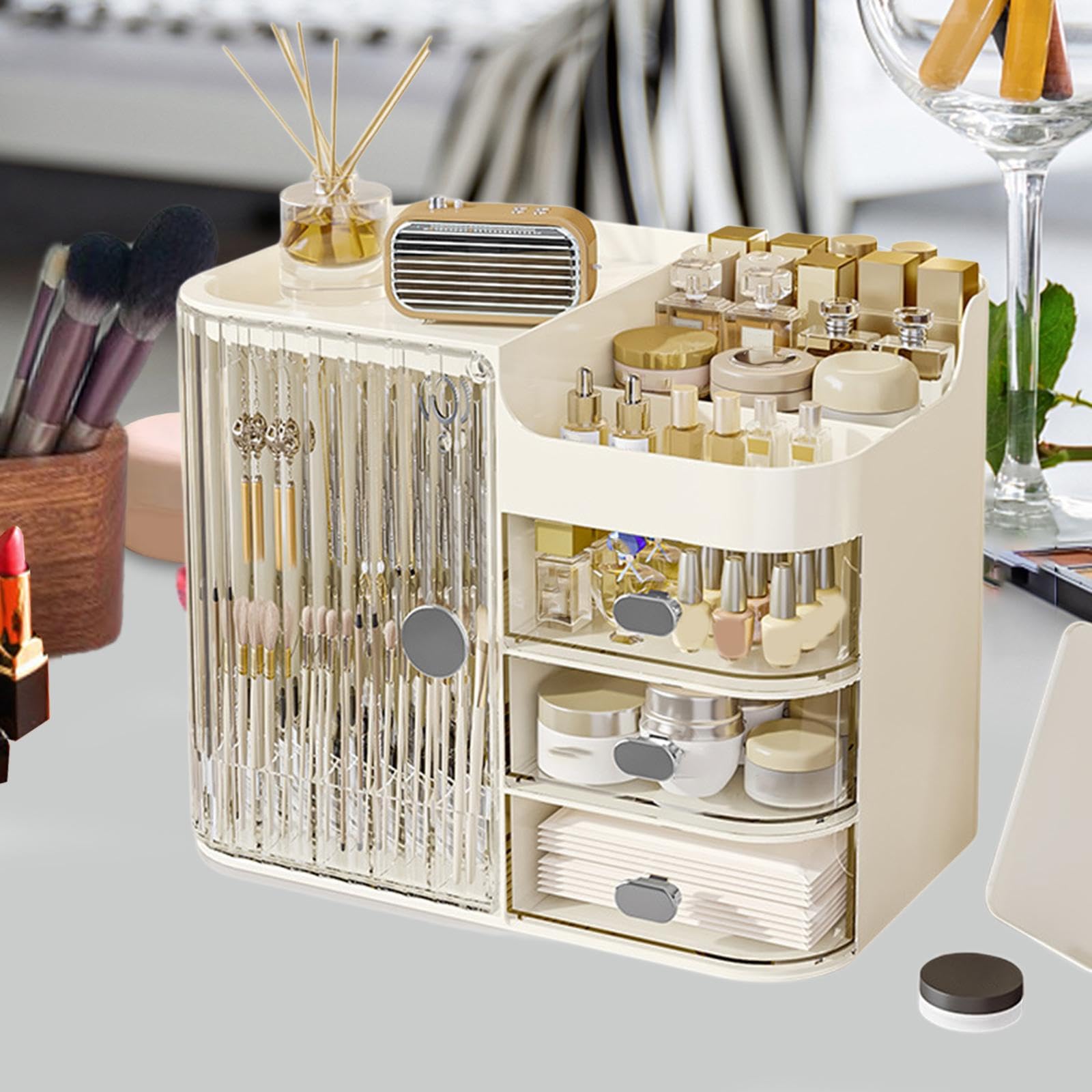 Organisateur de Maquillage Grand Organisateur Cosmétique Boîte de Rangement avec Tiroir Support pour Pinceaux Fonction Ouverture Large avec Miroir en, Blanc Clair