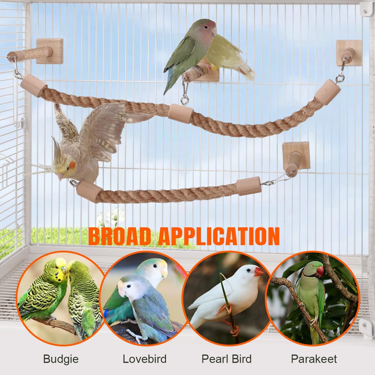 La La Pet Bird Rope Perches for Cage Natural Wood Standing Perch Hanging Bridge and Swing Interactive Birds Toys for Conures Budgies Parakeets Cockatiels Lovebirds 3-Set