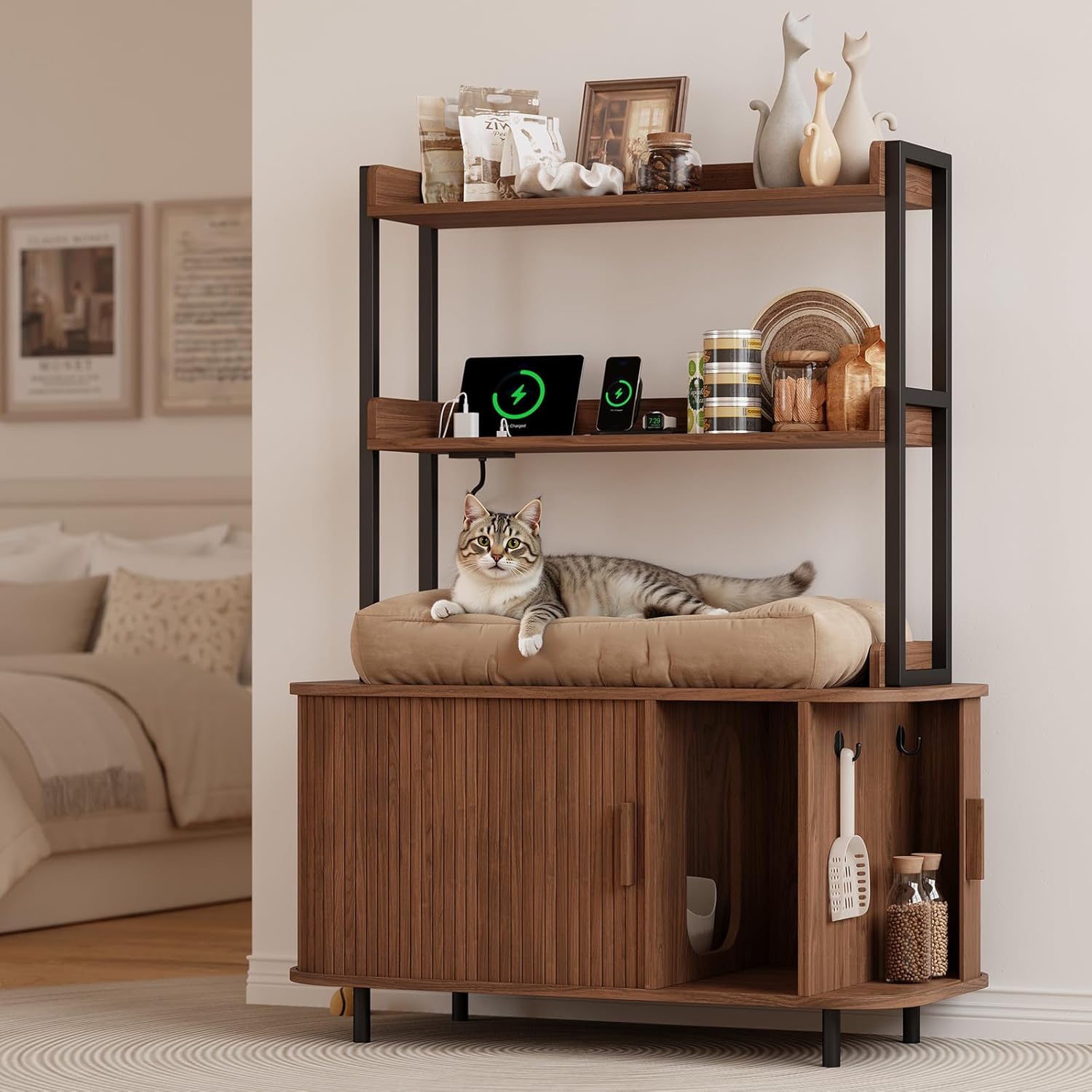ONBRILL 54 Inch Hidden Litter Box Furniture with Shelves and Outlets,Fluted Cat Litter Box Enclosure, Mid-Century Modern Wooden Cat House with Sliding Tambour Door and Hooks, Walnut