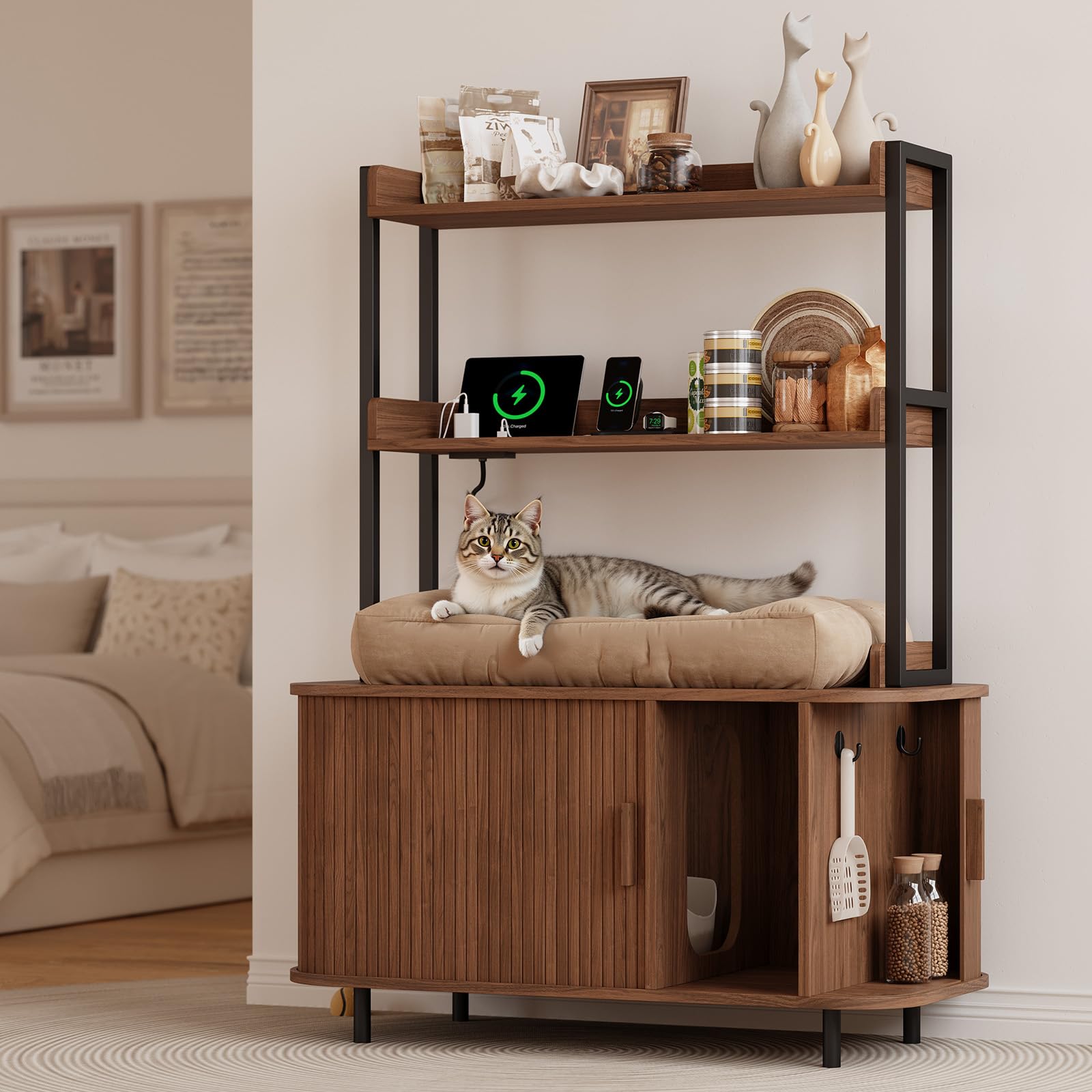 ONBRILL 54 Inch Hidden Litter Box Furniture with Shelves and Outlets,Fluted Cat Litter Box Enclosure, Mid-Century Modern Wooden Cat House with Sliding Tambour Door and Hooks, Walnut