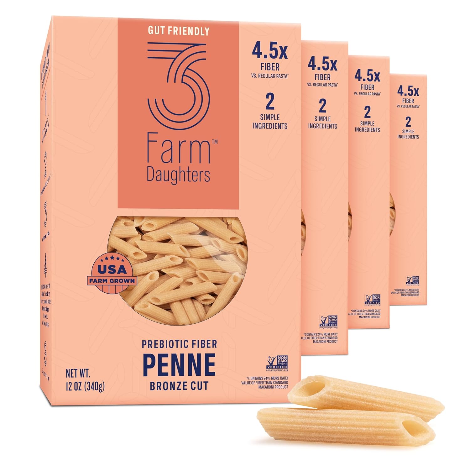 Three Farm Daughters High Fiber Pasta Penne Pack, Low GI, Non GMO Penne Pasta Noodles, Low Net Carb, Made in the USA, 12 oz. (4 Pack)