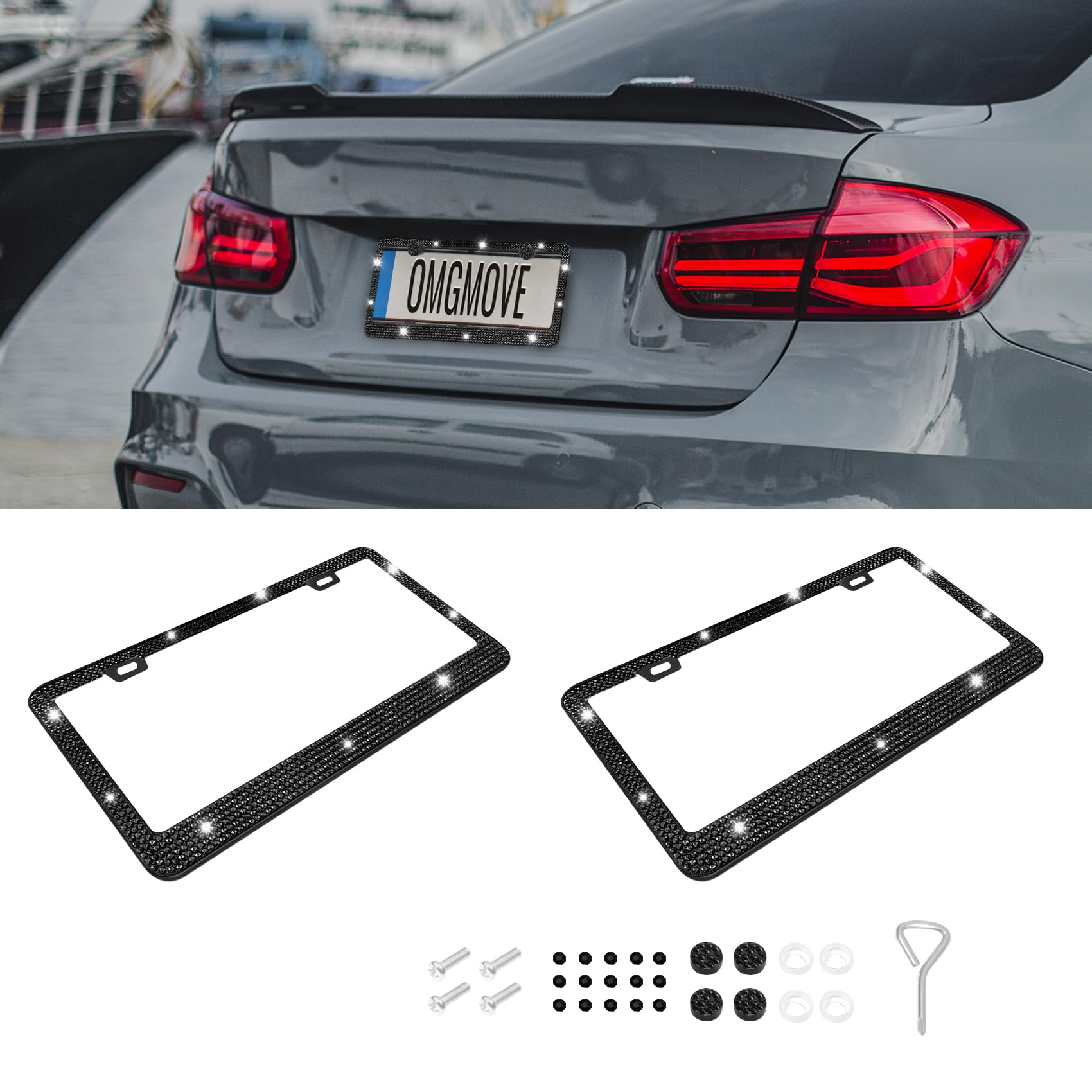 2PCS Bling License Plate Frame, Car Plate Frame, Premium Stainless Steel Rhinestone License Plate Holder, License Plate Cover with Glitter Crystal Caps, Car Accessories Fit Women (Black, 2PCS)