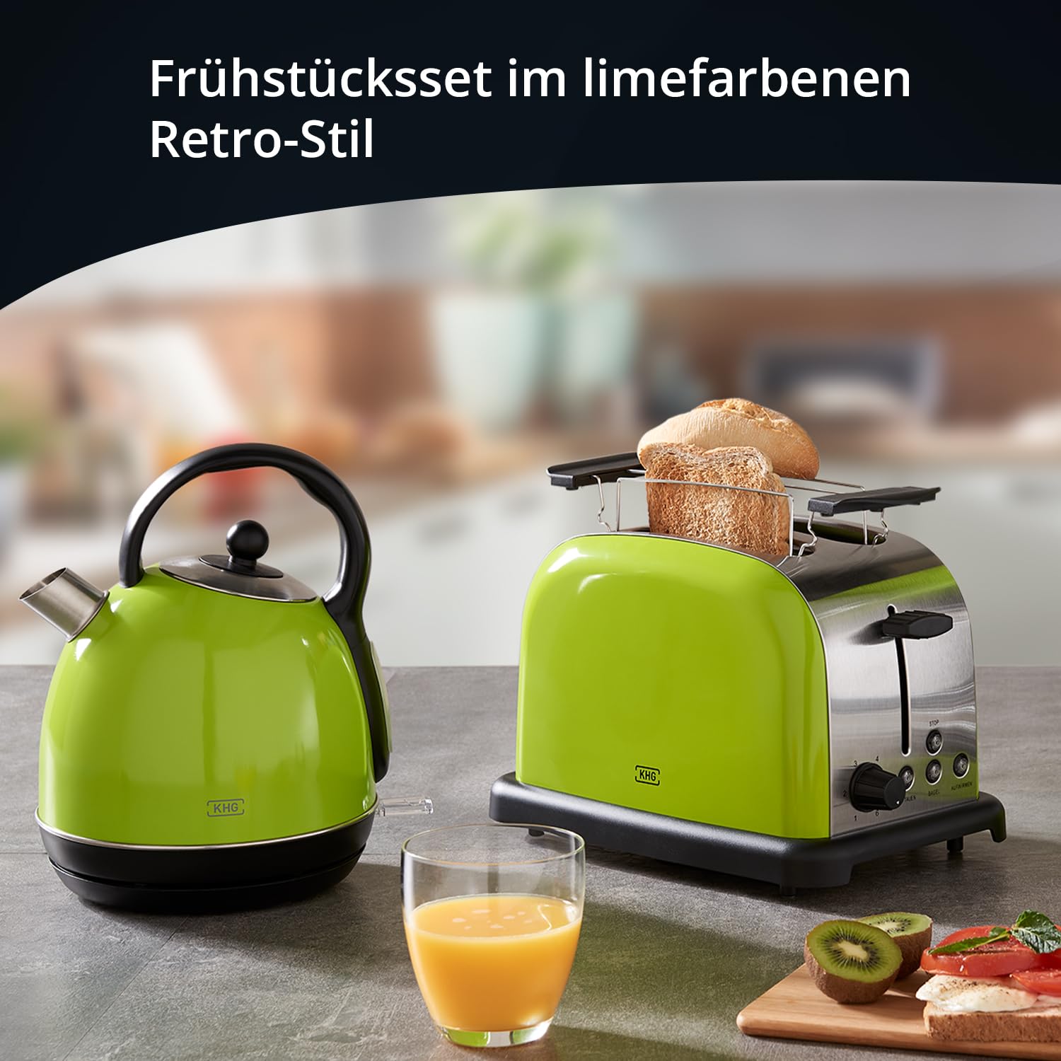 KHG Retro Frühstücksset 2-teilig Toaster 2 Scheiben 850W Wasserkocher 1,7L 2200W Lime Grün