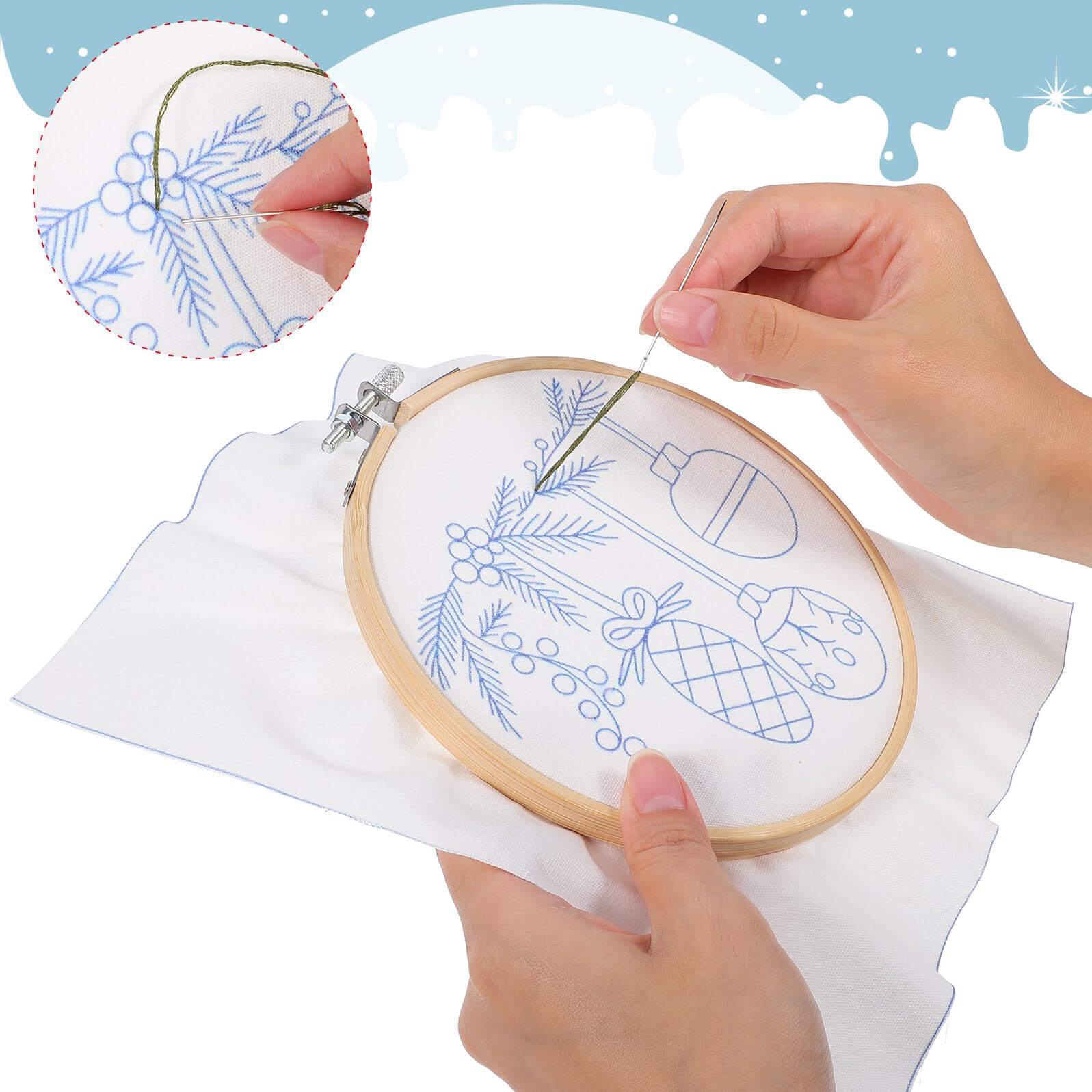 Homoyoyo Kit de Bordado Navideño para Principiantes 4 Aros de Bambú de 15 CM Telas de Lino y Algodón Incluye Tijeras Rosas Descosedor y Enhebrador Adecuado para Manualidades y