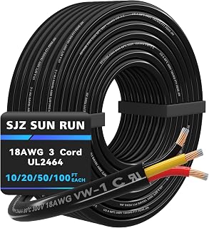 UL2464 18AWG 3 Conductor Electrical Wire 18/3 Gauge Cable 20FT SJZ SUN RUN 300V 80°C Rated Tinned Copper Black Outdoor PVC Cord for Trailer Automotive Electronics Lamp LED Lighting Marine