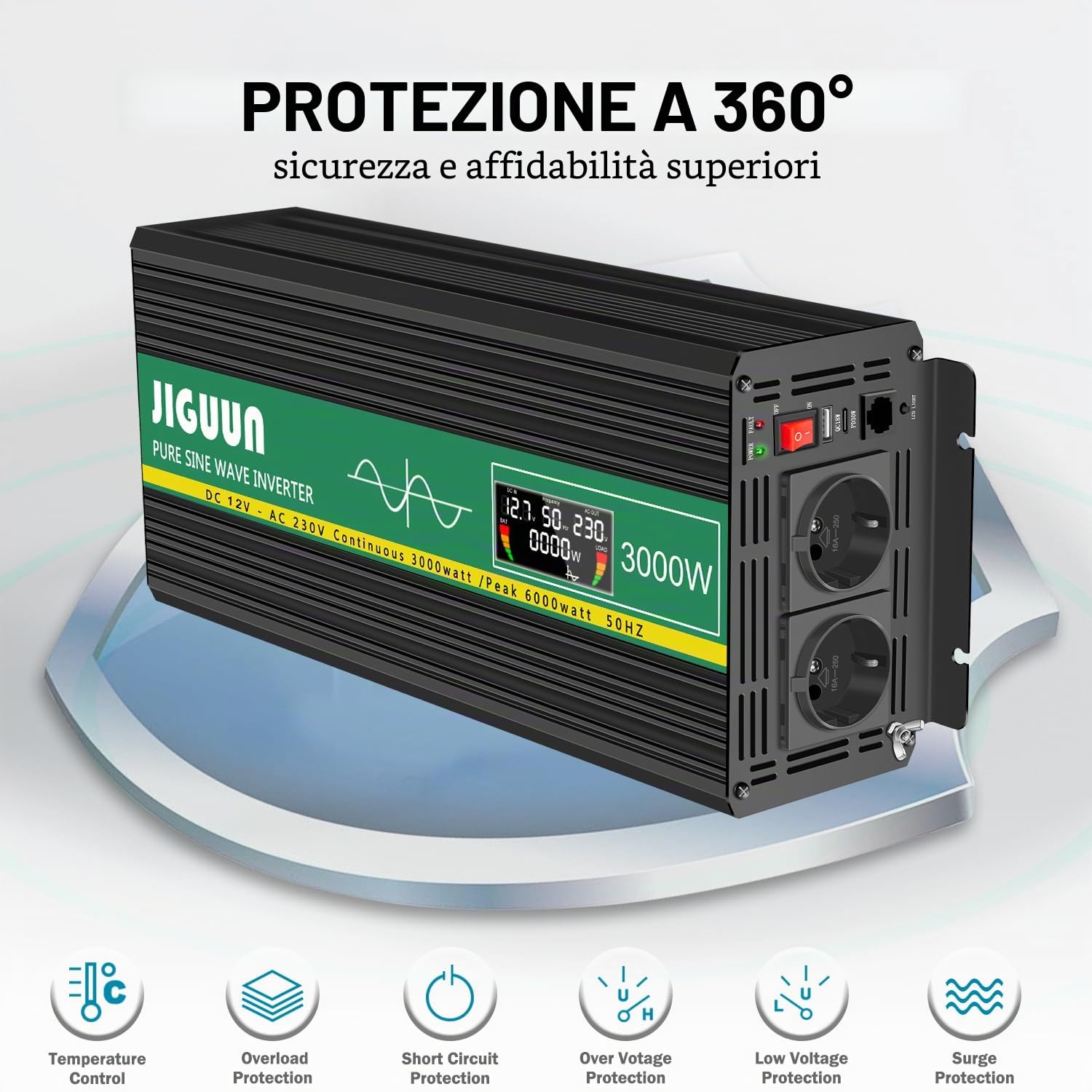 JIGUUN 3000W inverter 12v 220v onda pura Trasformatore con 2 prese EU e una porta USB 2.4A Telecomando con cavo e display LCD Potenza di picco 6000W per camion camper emergenza (3000W 12V)