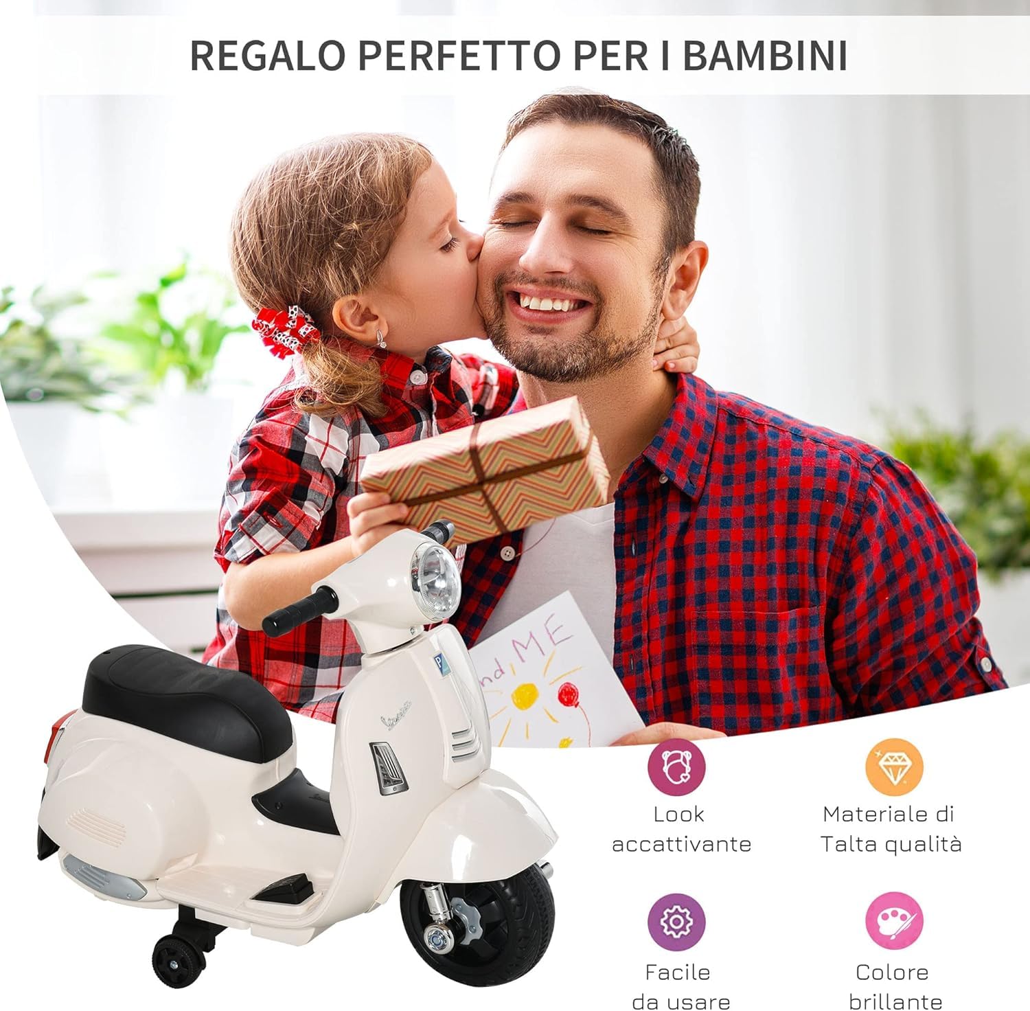 Moto Elettrica per Bambini Vespa Elettrica Per Bambini 1 Anno con Licenza Ufficiale Vespa Batteria 6V, Fari e Clacson, per Bimbi da 18-36 mesi, (Bianco)