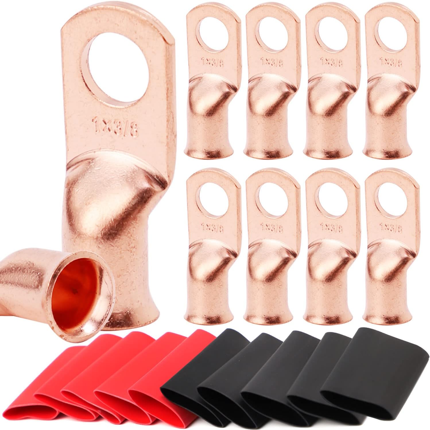 10pcs 1 AWG-3/8" Copper Wire Lugs,UL Listed Heavy Duty Battery Cable Ends,Tubular Ring Terminals,AWG Crimp Wire Ring Lugs,Battery Terminal Connectors with 3:1 Heat Shrink Tubing