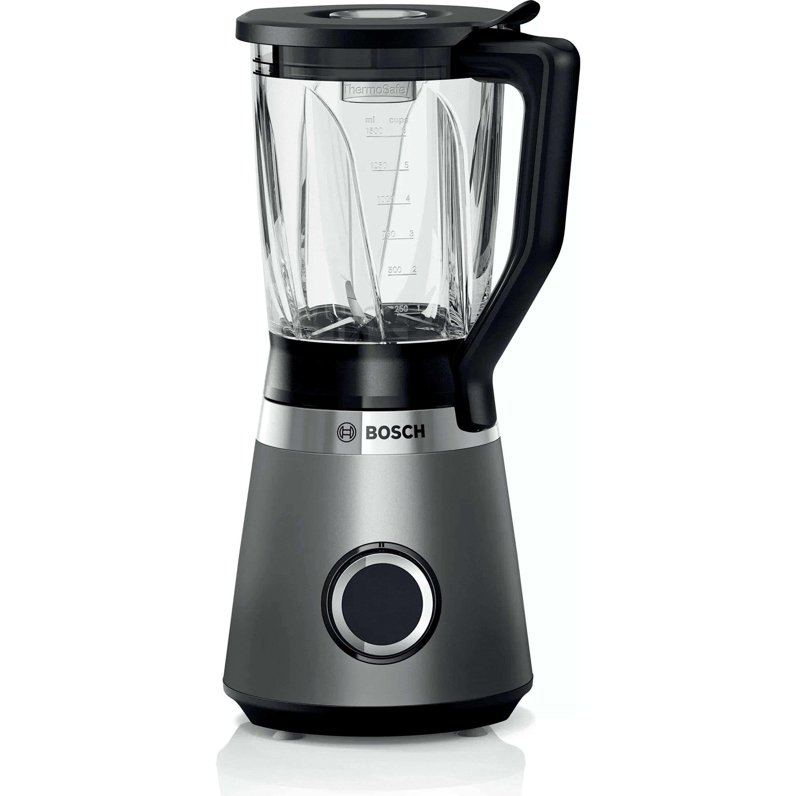 Bosch MMB172S Mikser stojący VitaPower Serie 4, 1200 W, 30.000 U/min, Solide Klingen Made in Germany, stopfer, 1,5 l Behälter Thermosafe Glas, srebrny