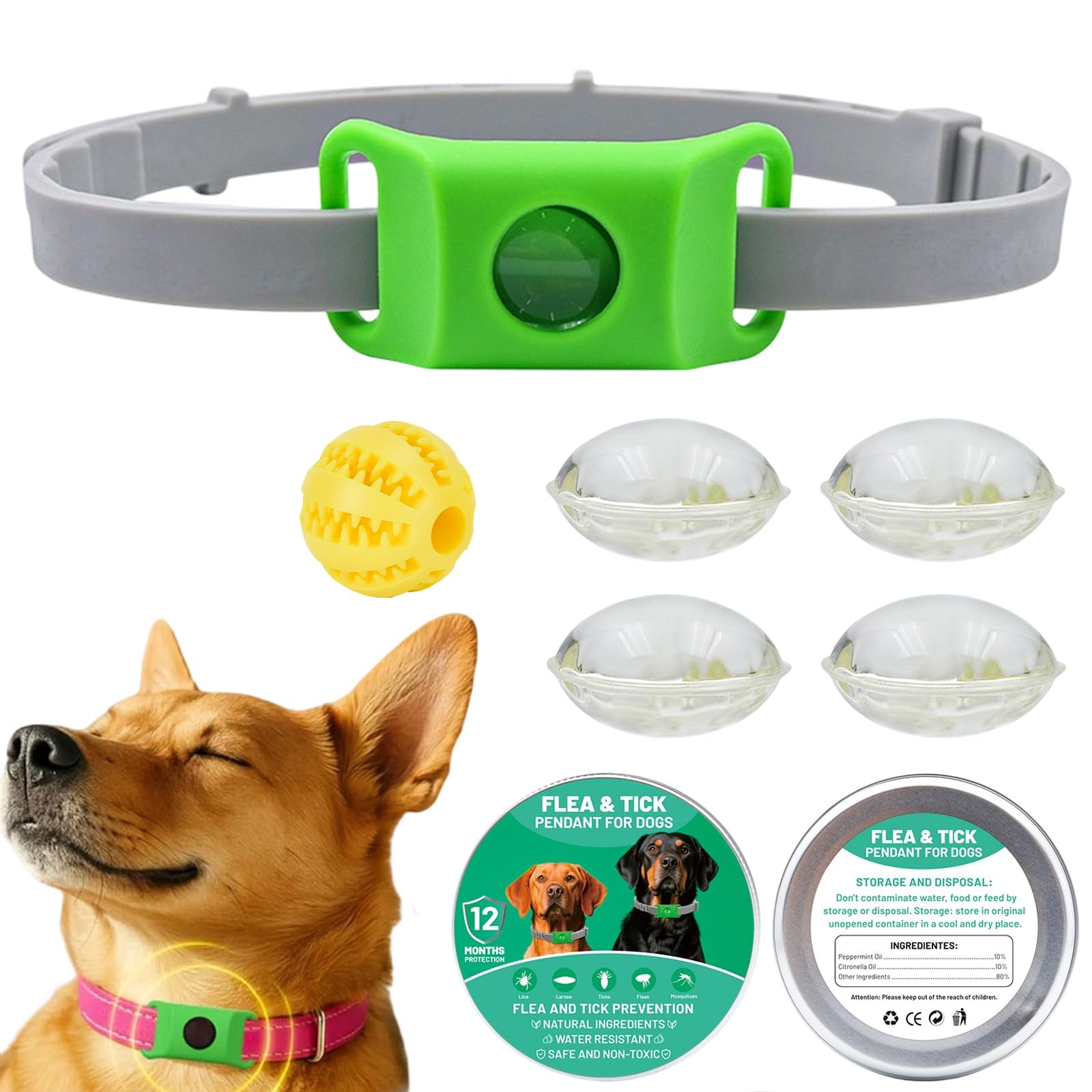 Collier répulsif Anti-puces et tiques pour Animaux, Protection Naturelle 12 Mois pour Chiens, 4 Capsules Remplaçables, Réglable, sans Contact Direct avec la Peau (F)