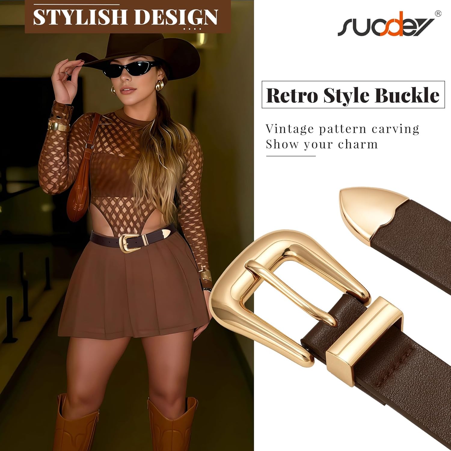 SUOSDEY Women Leather Belt for Jeans Pants, Ladies Waist Belt Western Belt with Gold Silver Buckle - Image 2