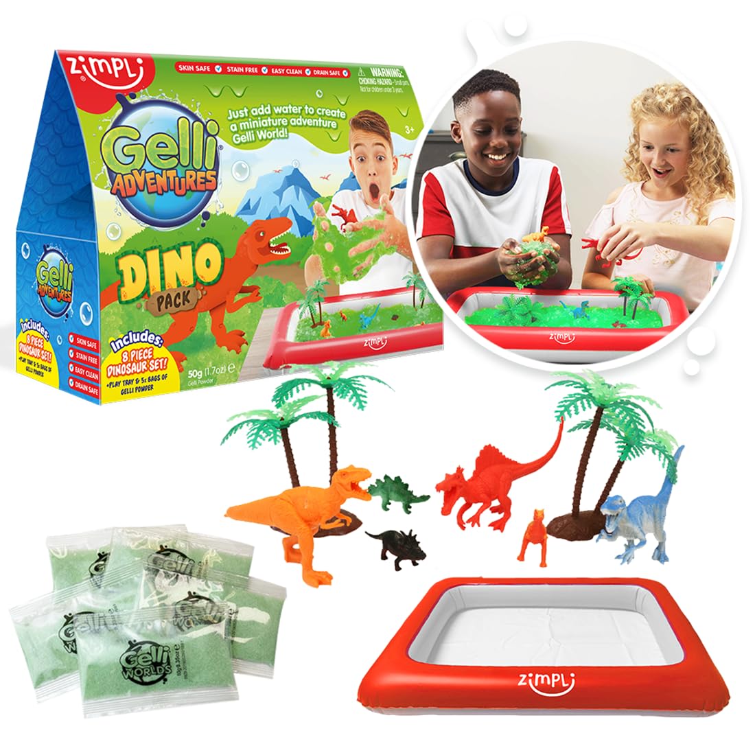 Zimpli Kids’ten Gelli Worlds Dino Pack, 5 Kullanımlık Gelli tozu, 8 adet figür oyuncak, şişirilebilir oyun havuzu, Erkek ve Kız Çocukları için Eğitim Bilimleri Kiti