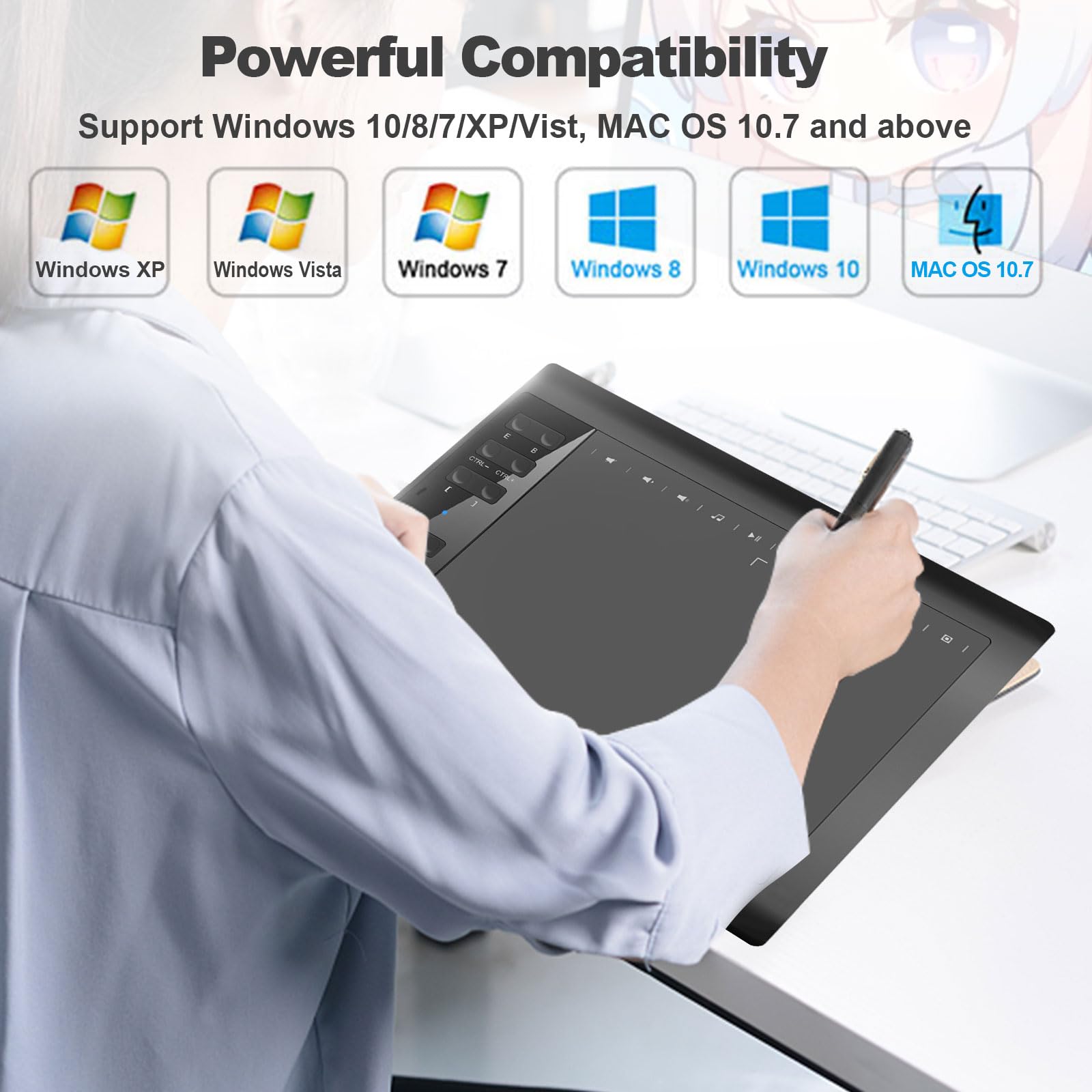 Tavoletta grafica da disegno, 10 x 6 pollici, con borsa portatile e 8192 livelli senza batteria per PC/Mac/Android 5.0 e superiori, con funzione OTG per disegno e insegnamento online