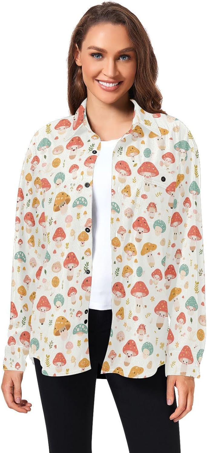 KLL Mushroom Doodle Women Men Regular Fit Rugby Shirts Outdoor Long Sleeve Blouses