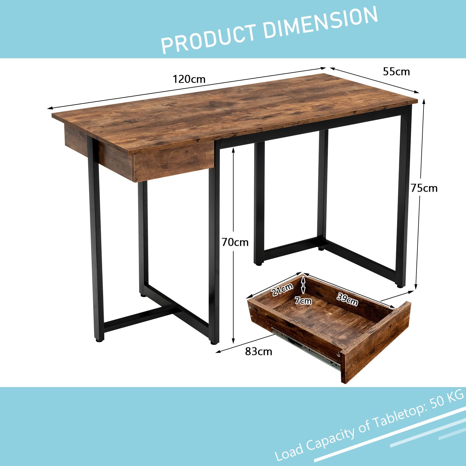 LIFEZEAL Escritorio de Ordenador con cajón, Mesa Escritorio de Ordenador de Madera, Estación de Trabajo de Estilo Industrial, Estructura de Metal, 120 x 55 x 75 cm (Marrón)