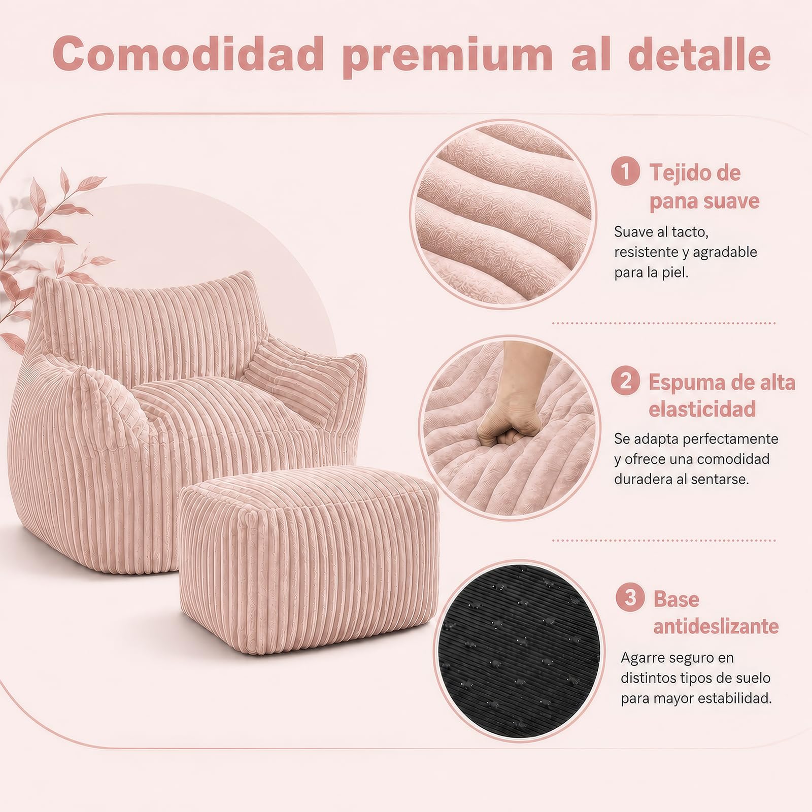 Pouf XXL pour adultes avec ottoman – Fauteuil inclinable ergonomique avec 5 zones de soutien, housse de cordon, rembourrage en mousse à rebond élevé, gain de place pour salon (rose)