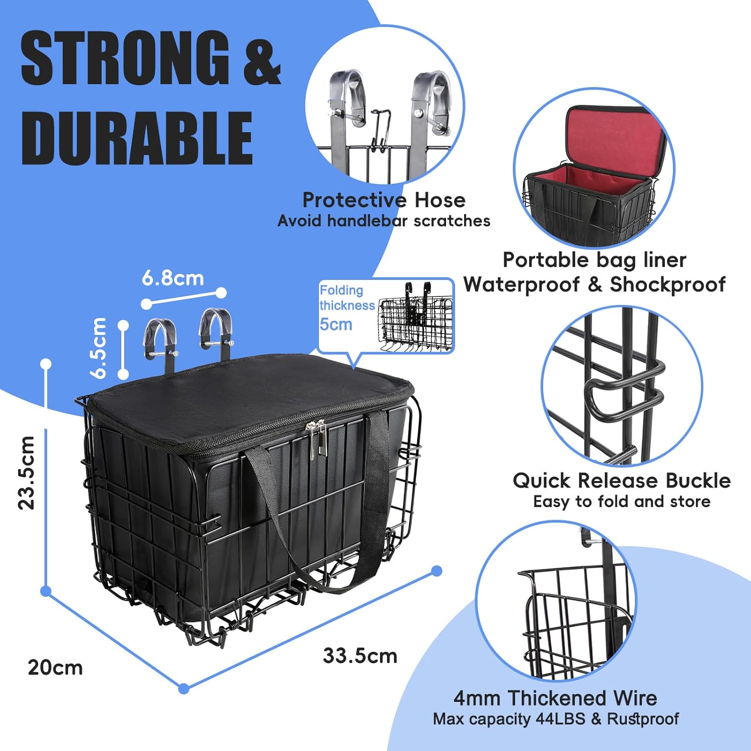 Bike Basket Front, Folding Bicycle Basket with Removable Waterproof Liner Bag,Quick Release Design,Rear Hanging Cargo Rack,Bike Accessories Frame Basket for Adult Women Men Carrying Dogs,Pet,Grocery