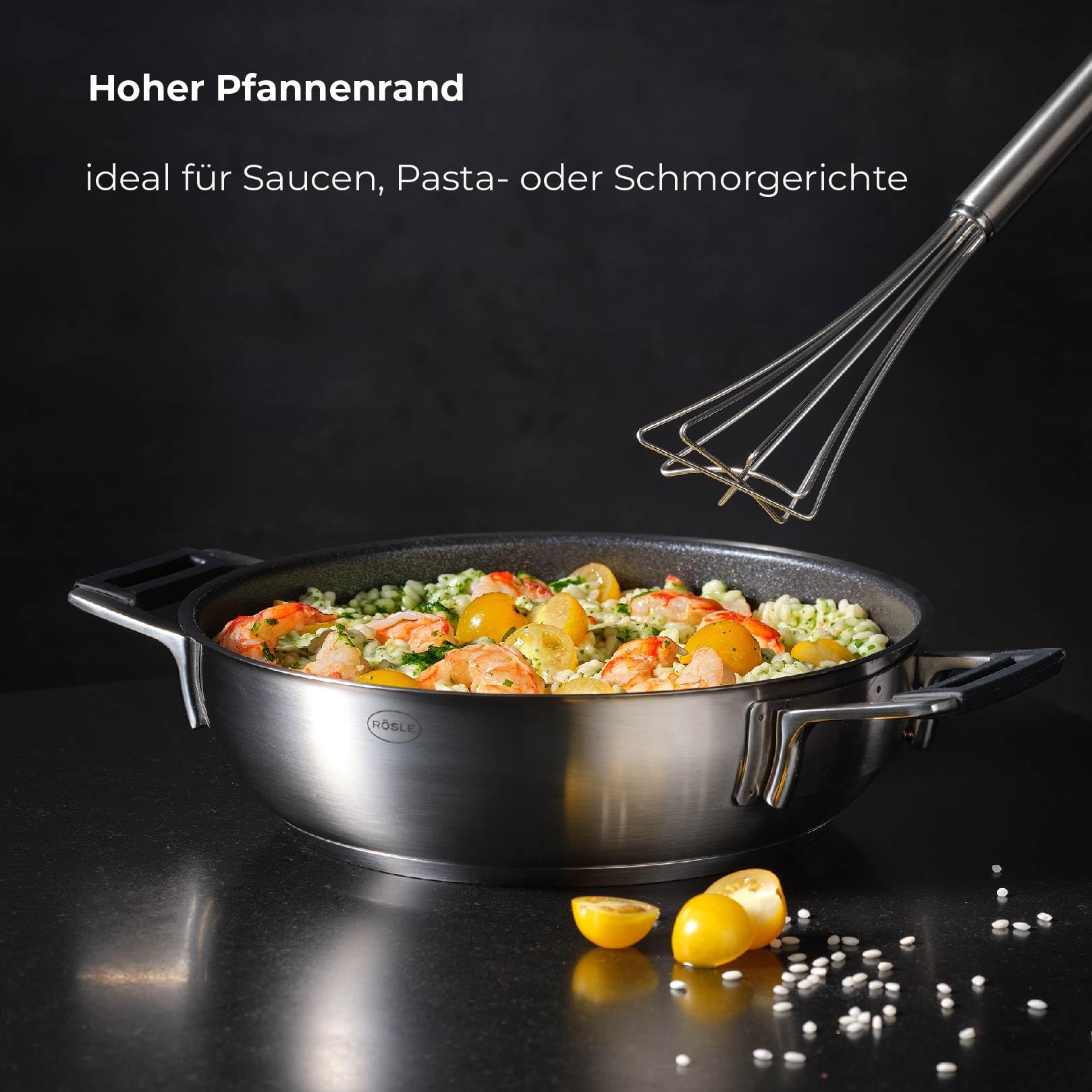 RÖSLE SILENCE PRO ProResist Servierpfanne, Antihaft & Robust - Ø 28 cm, Hitzebeständig bis 160 °C, Keramikversiegelung, silbern, Edelstahl 18/10, spülmaschinengeeignet mit Deckel