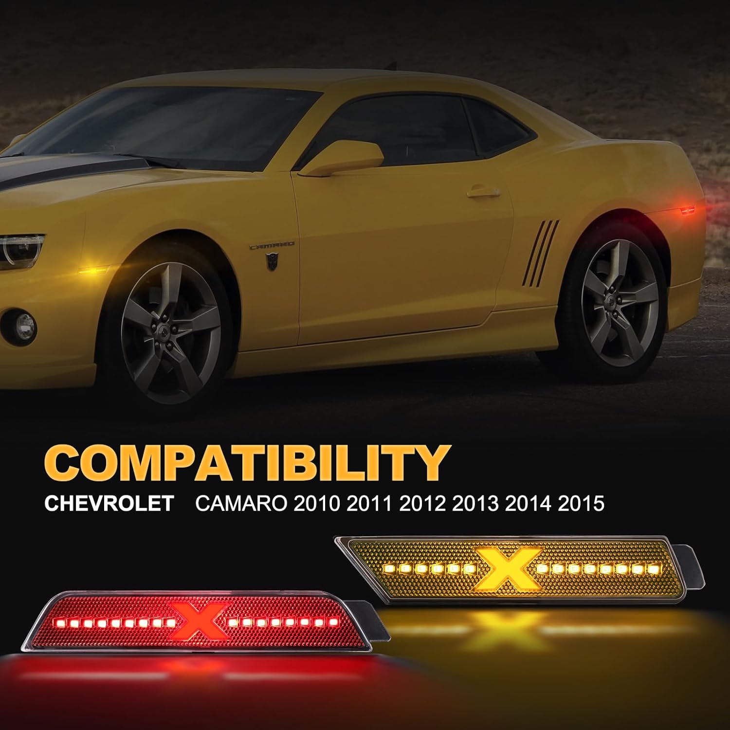 Gempro LED Side Marker Lights Xstyle Compatible With 5th Gen Chevrolet Camaro 2010 2011 2012 2013 2014 2015, Front Amber Rear Red Fender Side Markers, Clear Lens LED Side Bumper Lights, 4PCS