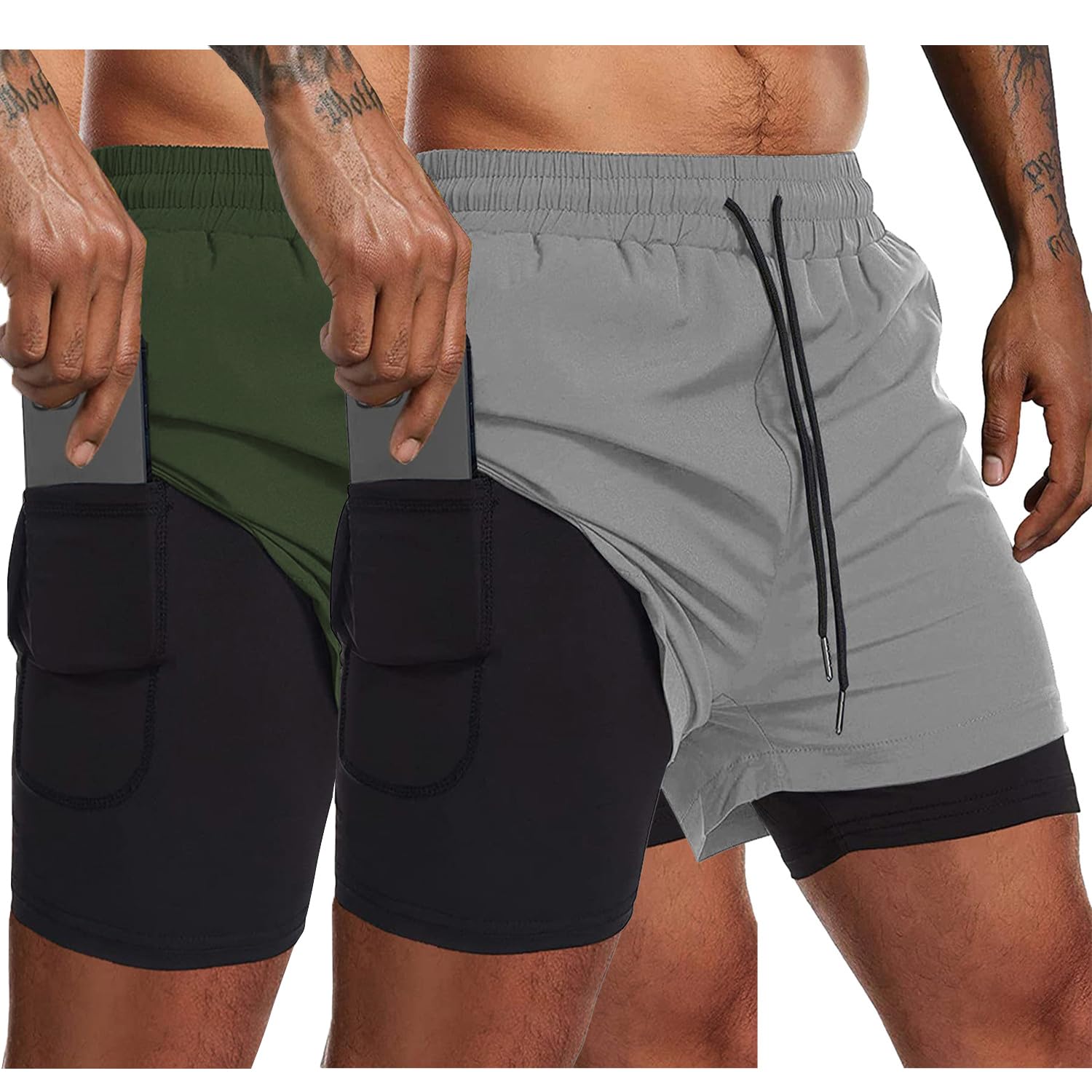 COOFANDY Men's 2 Pack Running Shorts 2 in 1 Workout Shorts Quick Dry Gym Training Athletic Jogger with Phone Pockets