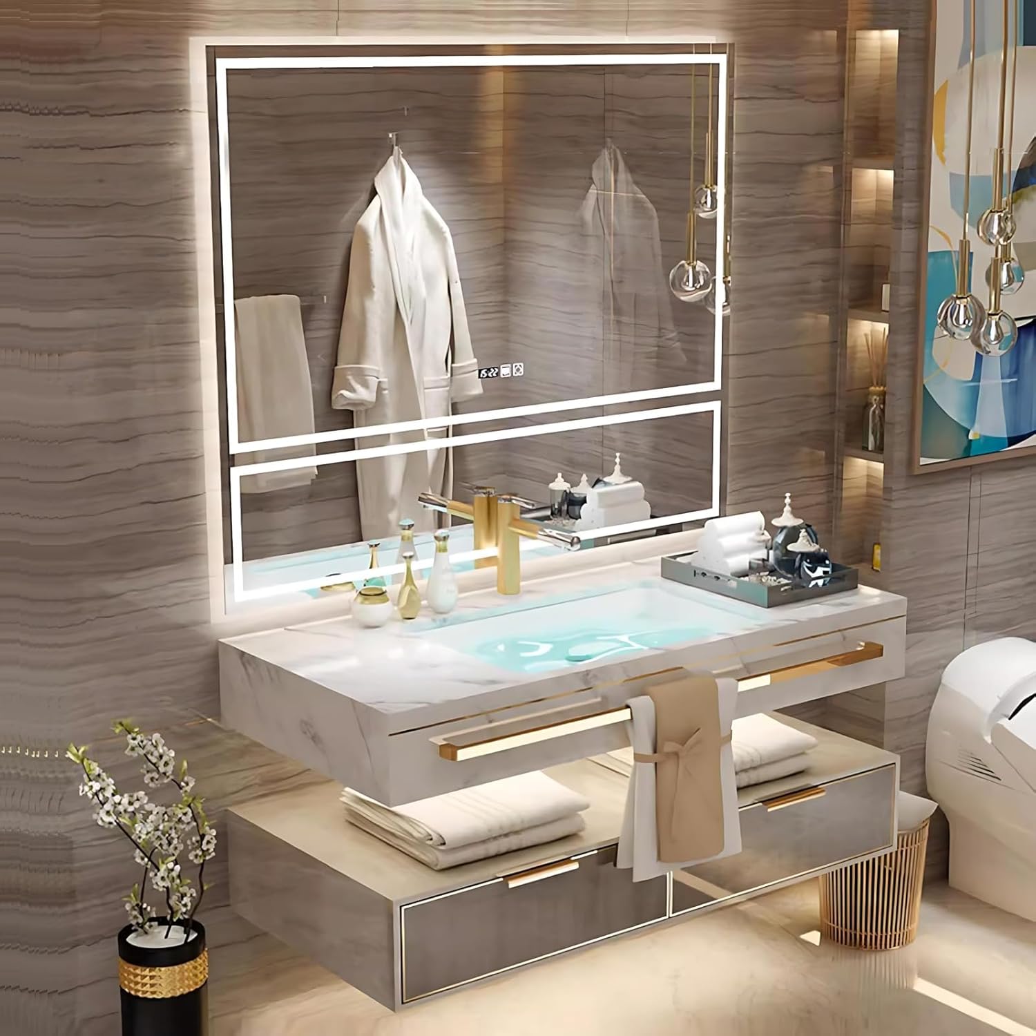 Bathroom Vanity with Sink - Modern Single/Double Sink Floating Bathroom Vanity Cabinet with LED Defog Mirror Set, Faucet Accessories Included (Single Sink,48")