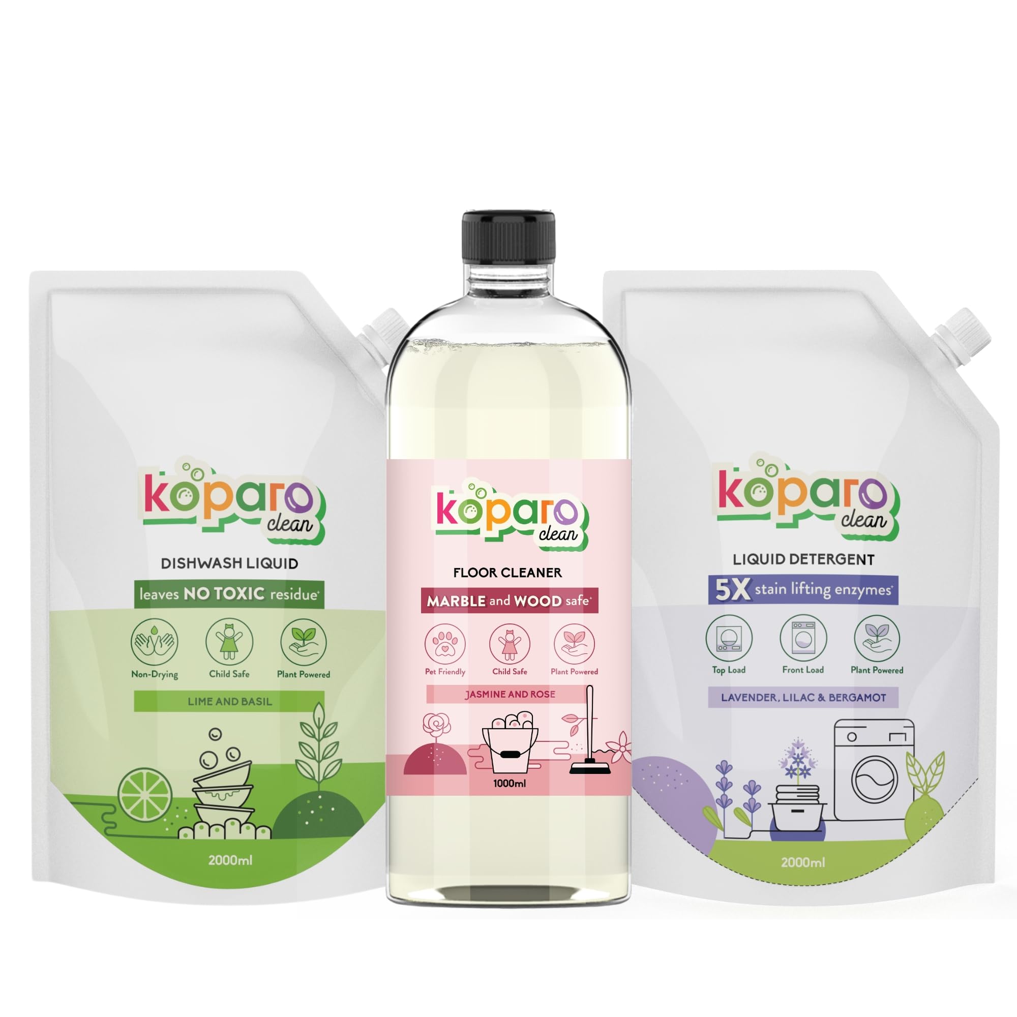Koparo Monthly Home Cleaning Kit | Dishwash Liquid 2L Refill, Liquid Detergent 2L & Floor Cleaner 1L | Plant-Based Formula | Tough on Grease, Germs & Stains | Kids & Pet Safe | Combo Pack of 3-image-18